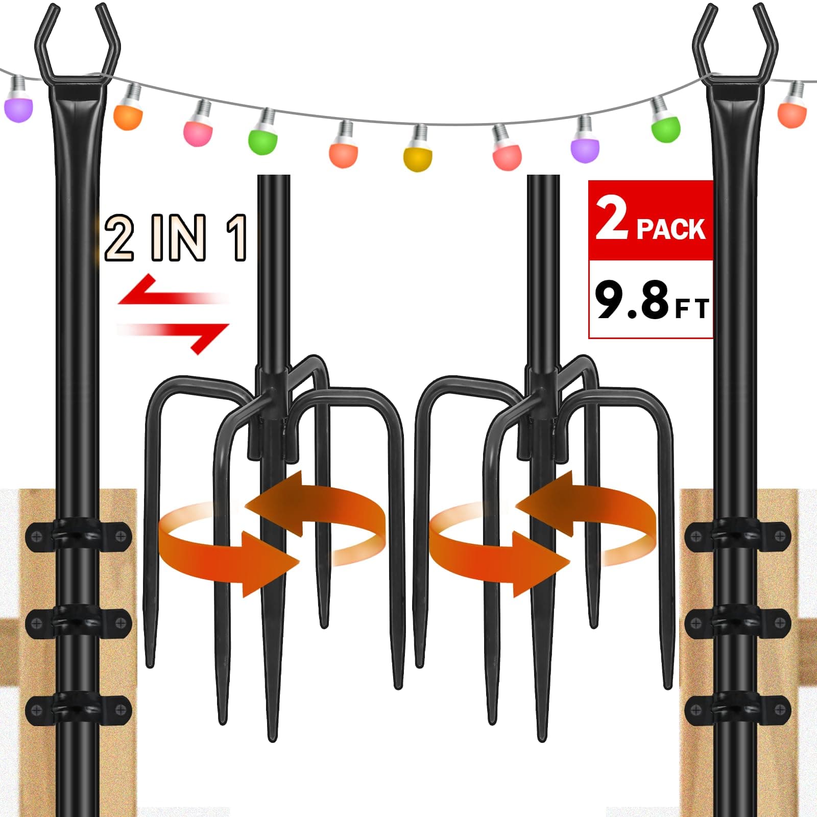 FEED GARDEN String Light Pole for Deck - 2 Pack 9.8FT for Outside Hanging Steel String Poles for Outdoor Decoration Garden, Backyard, Patio Lighting Stand for Parties, Christmas, Wedding