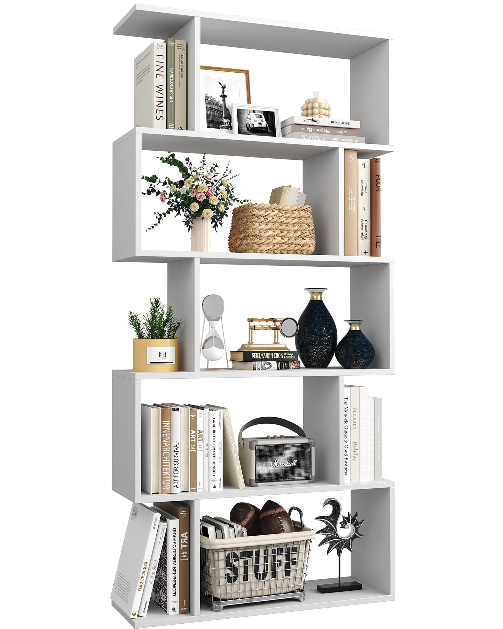 Yusong Bookshelf 5-Tier, Geometric Bookcase S Shaped Book Shelves for Bedroom, Modern Wood Decorative Display Shelf Book Case for Home Office, White