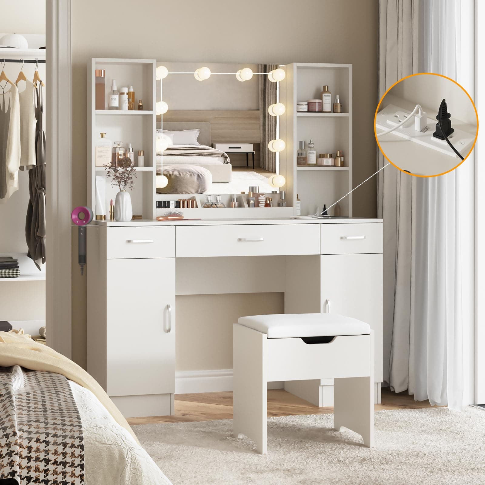 Makeup Vanity Table with Lighted Mirror & Power Strip, Large Vanity Set Vanity Desk with Storage Stool, 3 Lighting Modes, Brightness Adjustable, 45.2in(L)