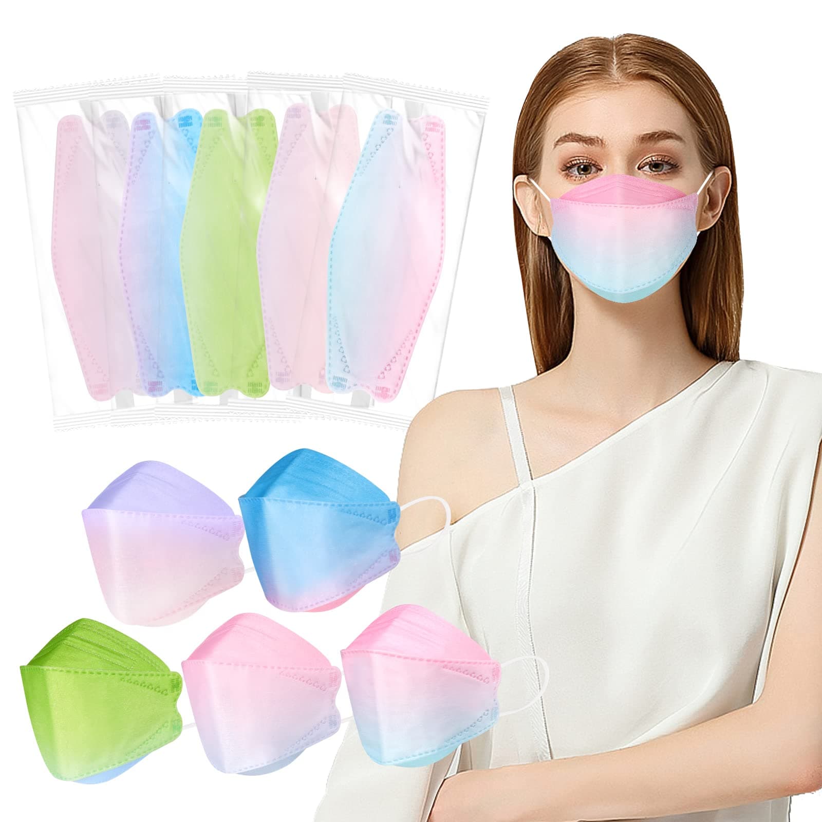 50 Pcs Individually Wrapped KF94 Face Mask,4 Layer Protective Fish Type Masks for Adult 3D Mouth Shields with Elastic Earloop and Nose Clip