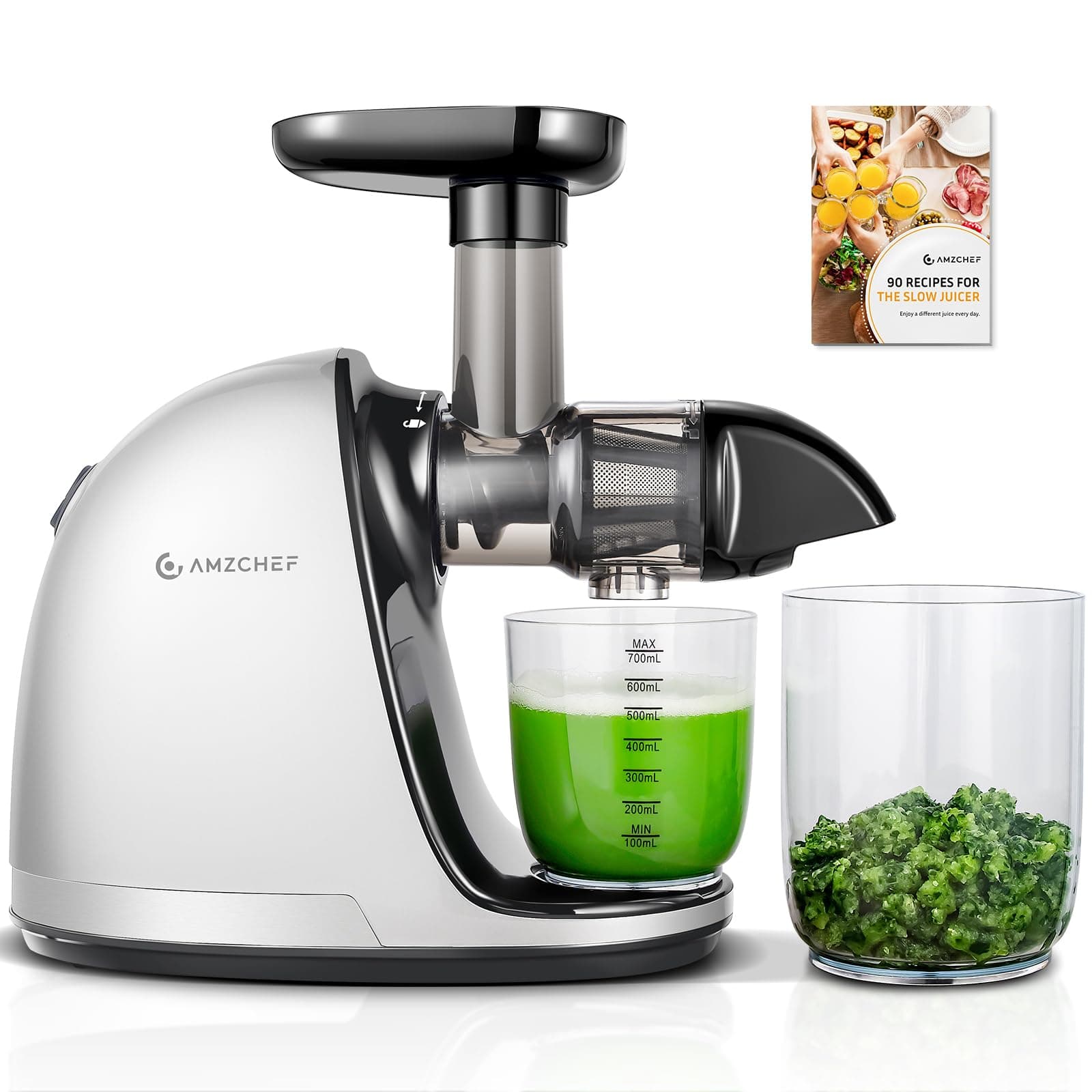 Cold PressJuicer,AMZCHEF Slow Masticating Juicer Machines with Reverse Function, High Juice Yield, Easy Clean with Brush,Recipes for High Nutrient Fruits and Vegetables, White(Updated)