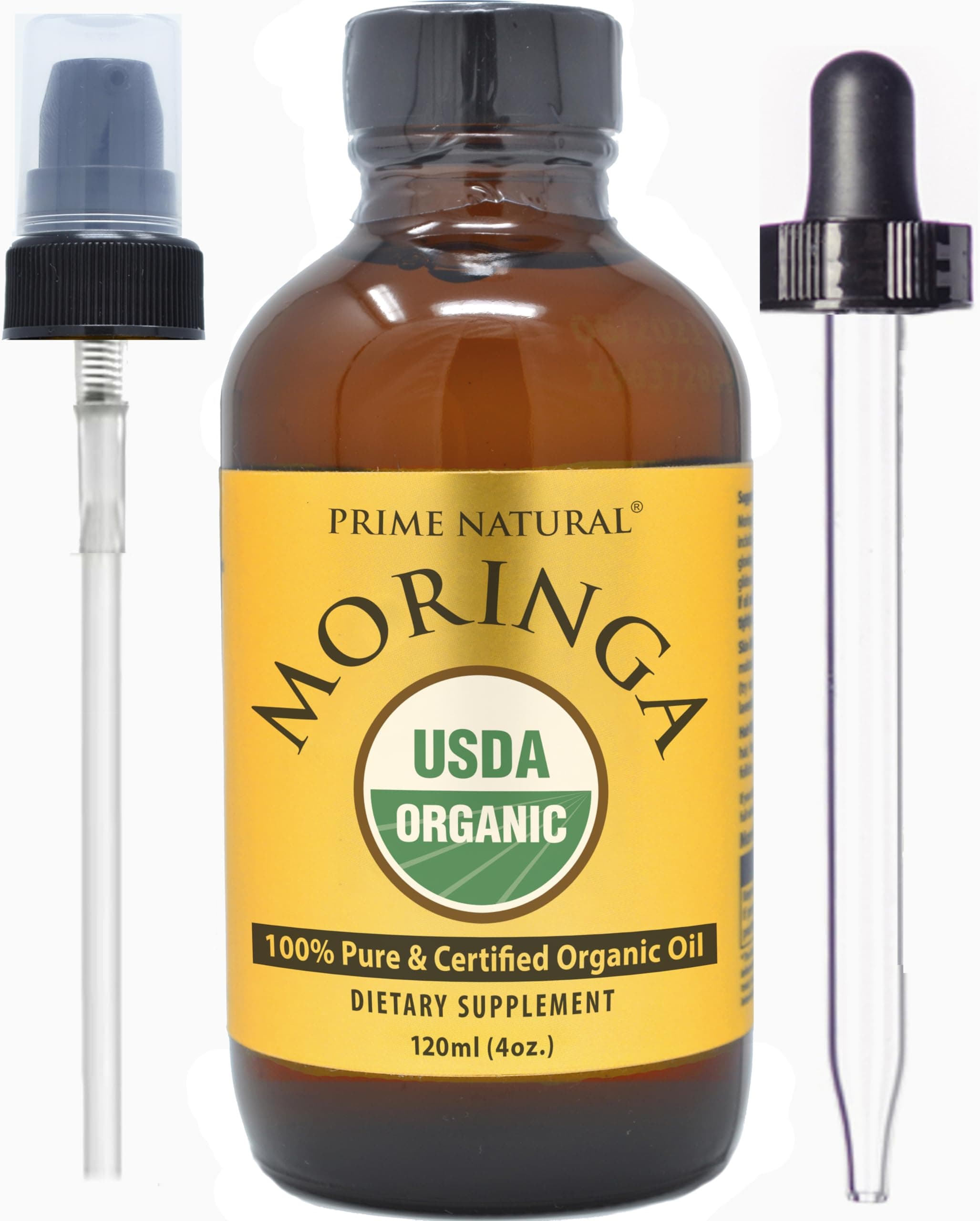 PRIME NATURAL Organic Moringa Oil USDA Certified, 100% Pure, Cold Pressed, Virgin, Unrefined Oil (4oz /120ml) - Moringa Dietary Supplement - Energy, Joints, Skin, Face, Body, Hair, Vegan, Food Grade