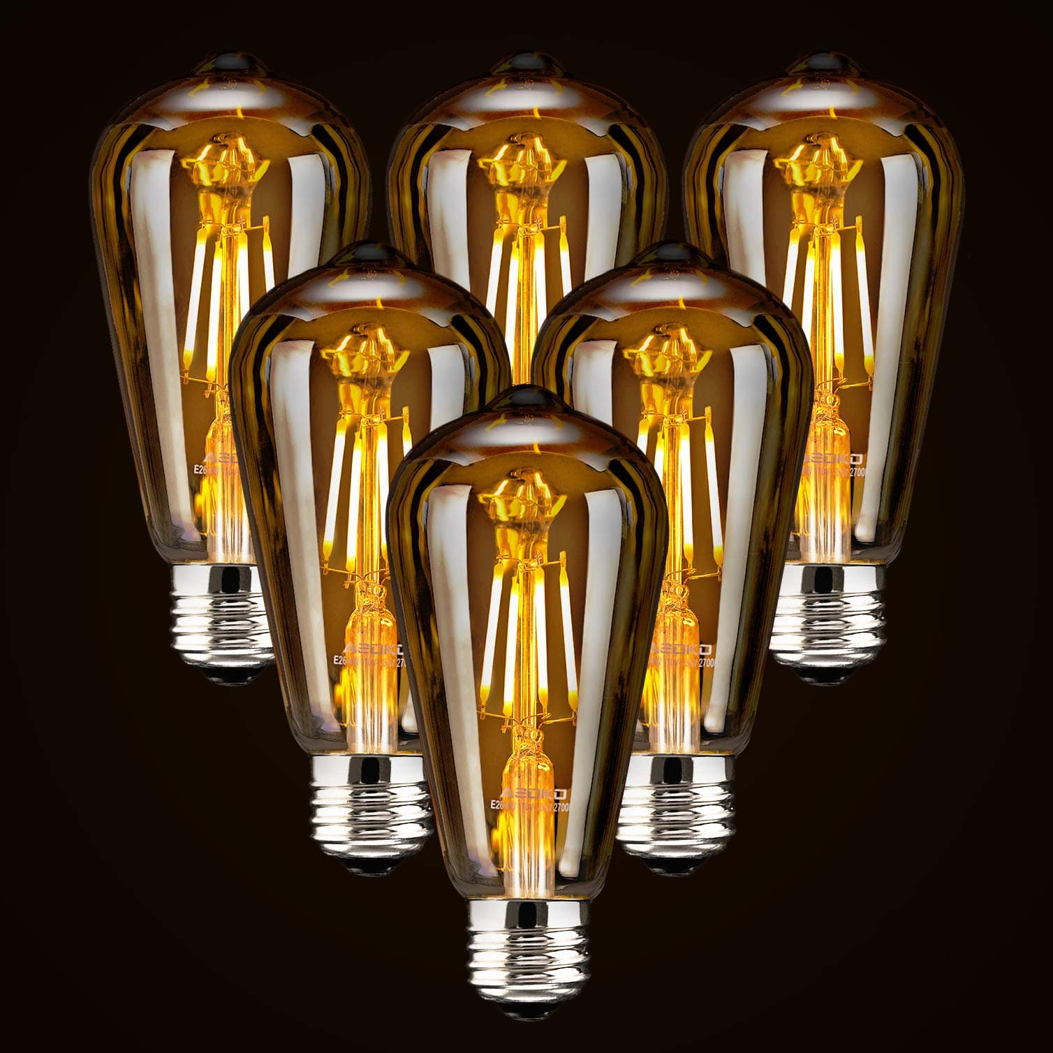 LED Dimmable Edison Light Bulbs 4W, 2200K-2400K Warm White (Amber Glass) ST64, E26 Base Pack of 6