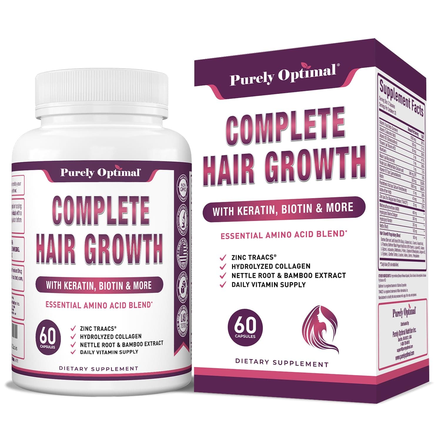 Purely Optimal Hair Growth Vitamins – Supports Thicker, Stronger Hair Growth, Healthy Skin & Nails – Biotin, Collagen, Keratin – Easy-to-Take, Unflavored, 60 Capsules