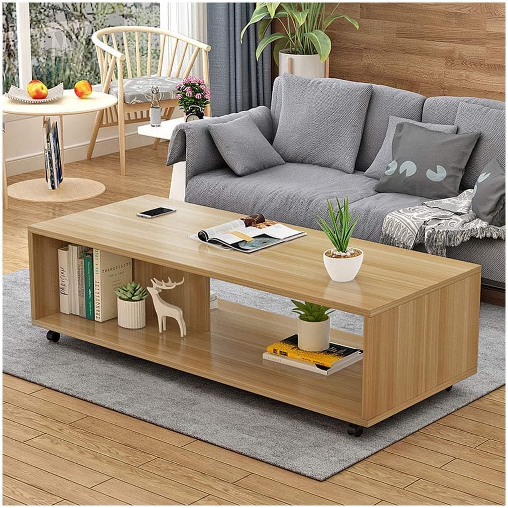 Engineered Wood Center Table with Wheels Open Rack Storage Desk Bed Side Display Stand Fashionable Furniture Rolling Coffee Tea Table (CT-003/Light Oak) DIY (Do It Yourself) (80 x 40 x 30Cm)