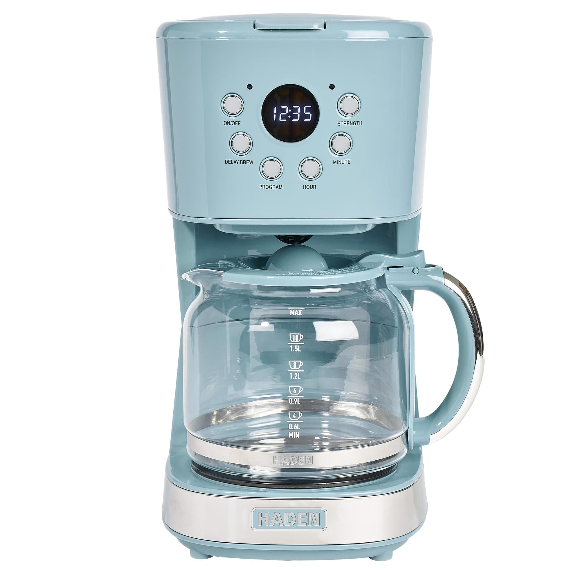 Brighton Coffee Machine, 12 Cup Programmable Drip Coffee Maker with Auto Shut-Off Function and Reusable Washable Water Filter, Sky Blue & Chrome