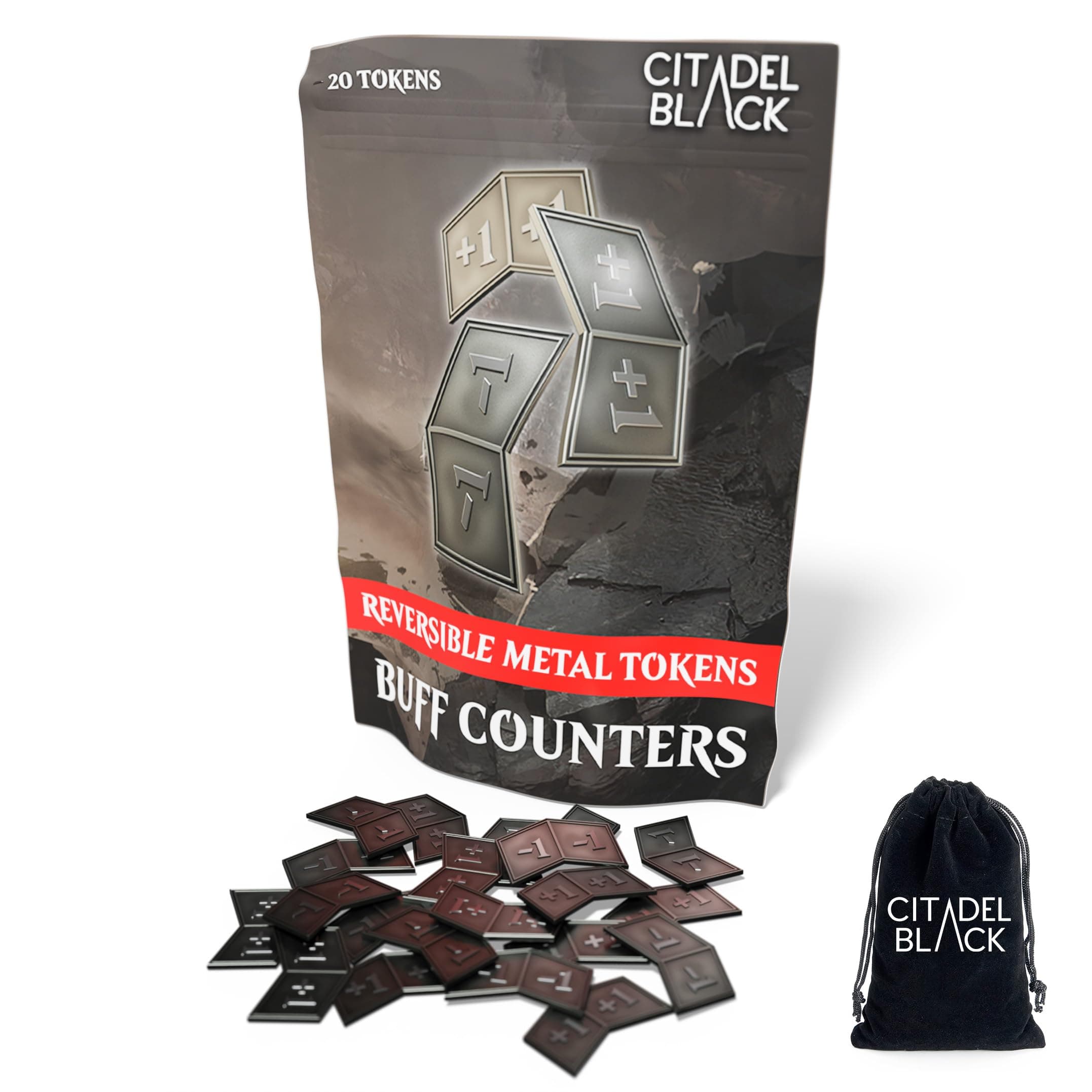 MTG Buff Counters +1/+1 and -1/-1 Set of 20 Metal Tokens - with Velvet Drawstring Pouch, Antique Silver Finish Metal Tokens