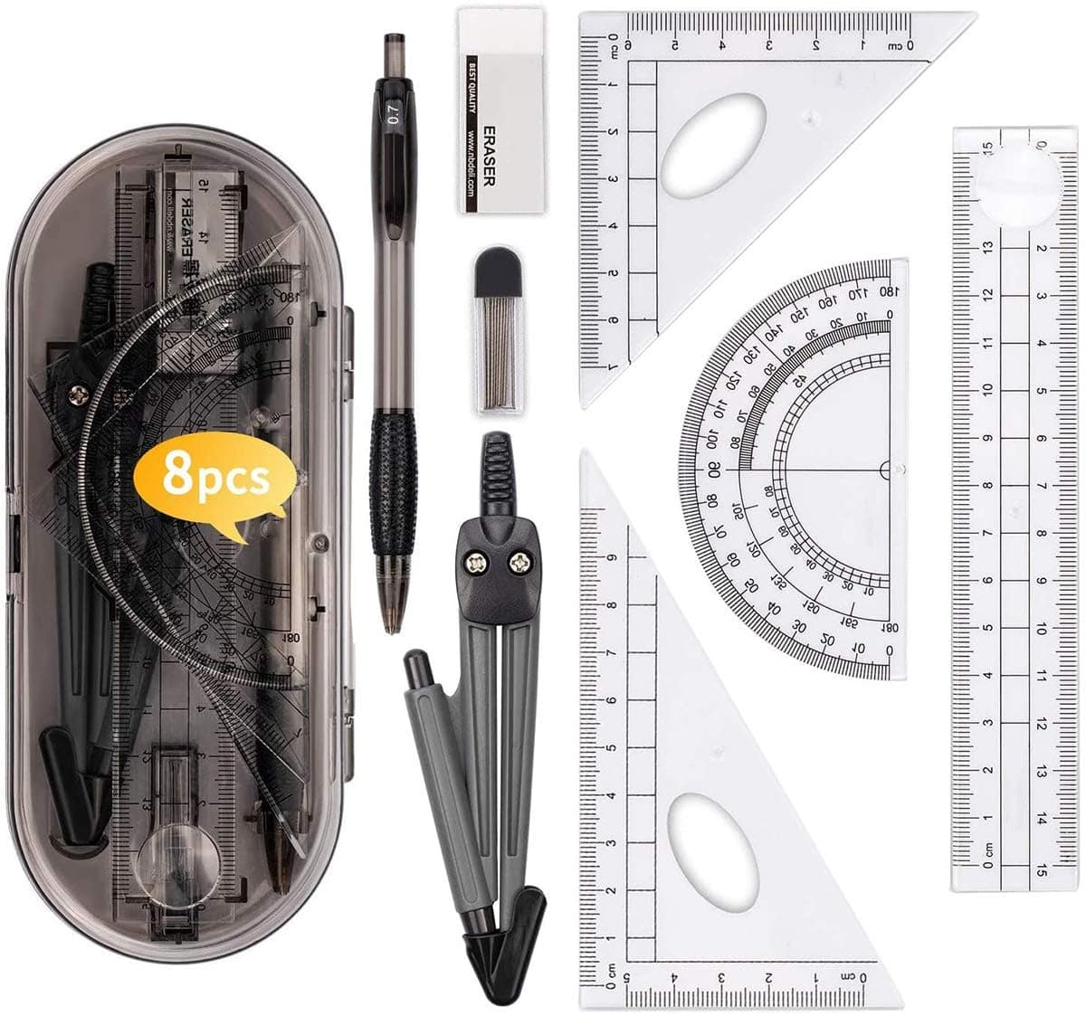 DELFINO Set Math Geometry Tool Plastic Clear Ruler Sets Protractor Triangular Ruler Drawing Compass for School Student Classroom, High Quality Material for Long Time and Durable Use