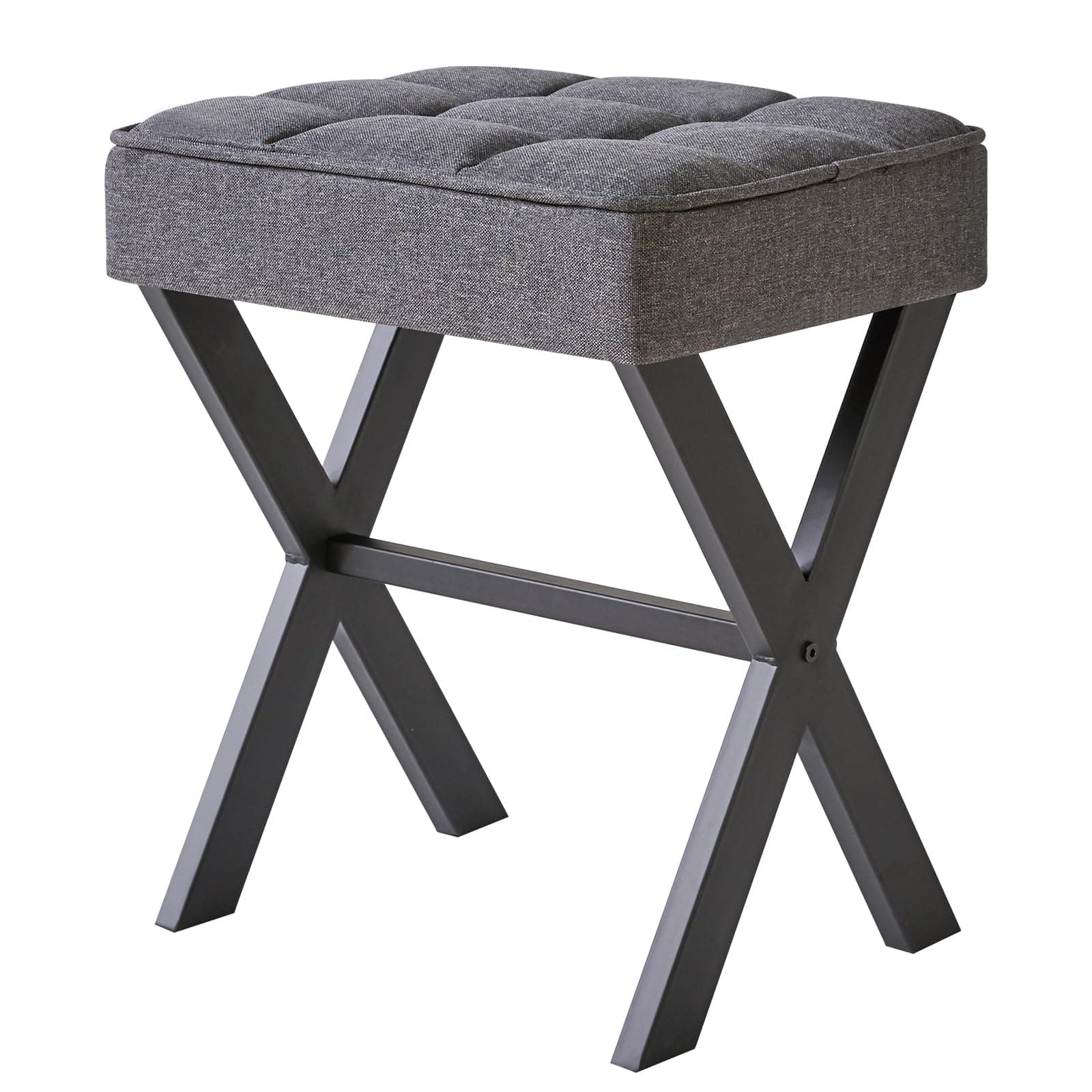 Square Makeup Stool with X-Leg Foot Rest, Linen Footrest, Ottoman Seat Vanity Stool, Multi-Use as Small Side Table, for Bedroom, Living Room, Dark Gray L/G-70G