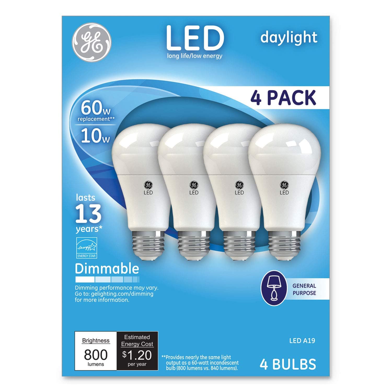 GE Lighting 67616 LED A19 Light Bulb with Medium Base, 10.5-Watt, Daylight, 4-Pack, Piece