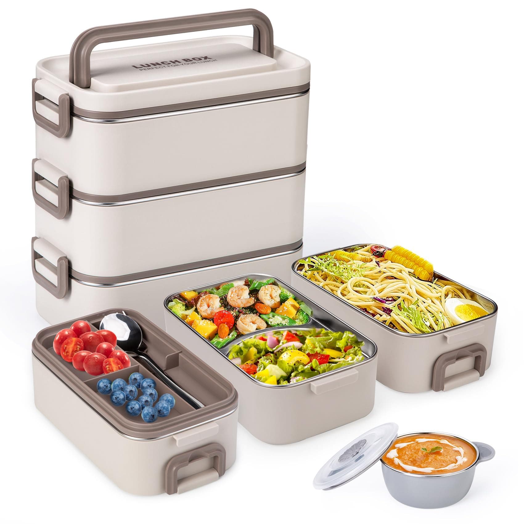 Lunch Box for Adults Stackable 3 Layer 304 Stainless Steel Lunch Box for Adults Kids Office 3L Large Capacity Portable Lunch Box Container Soup Bowl with Spoon and Fork