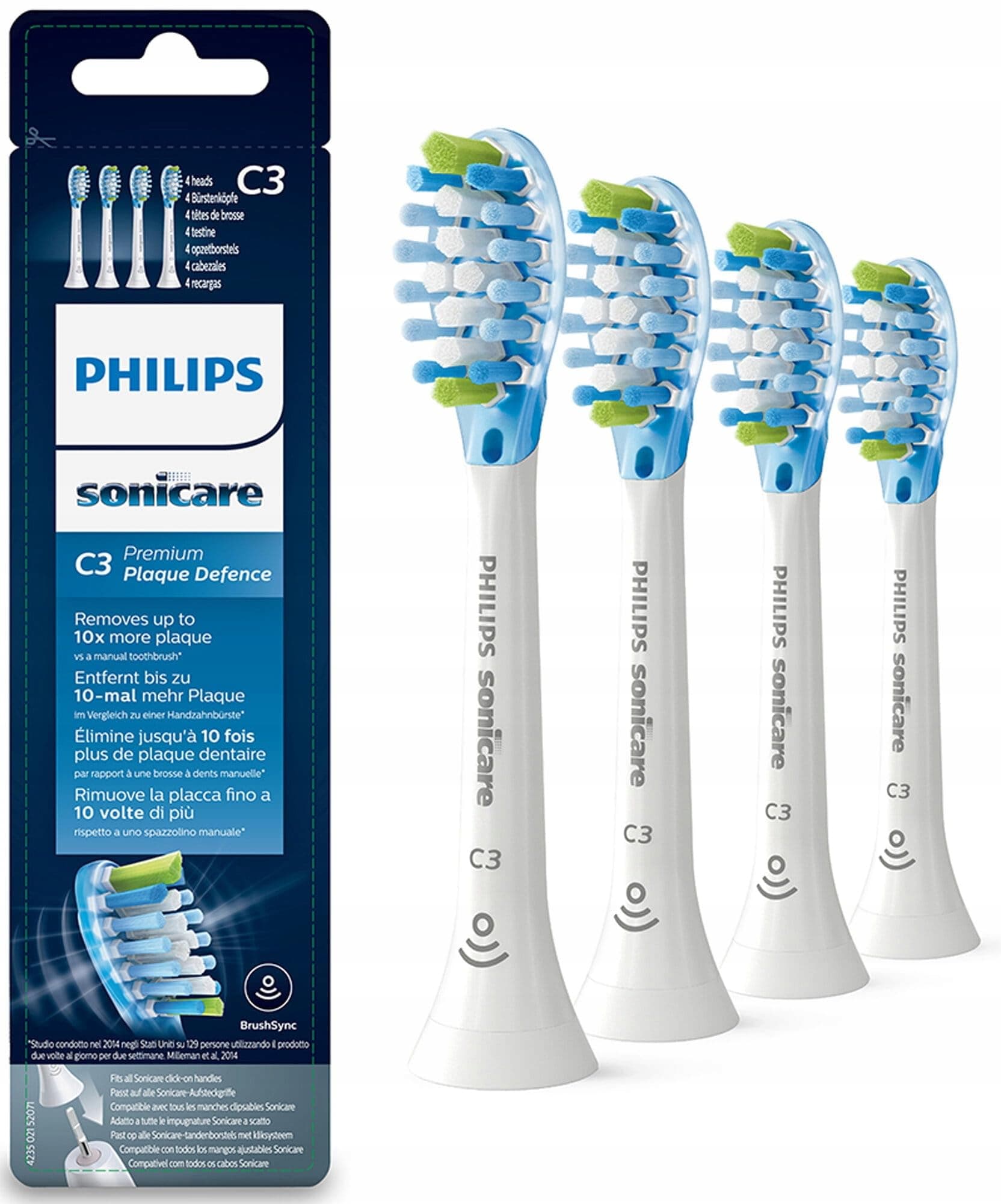Philips Sonicare Original C3 Premium Plaque Defence Standard Sonic Toothbrush Heads - 4 Pack in White (Model HX9044/17)