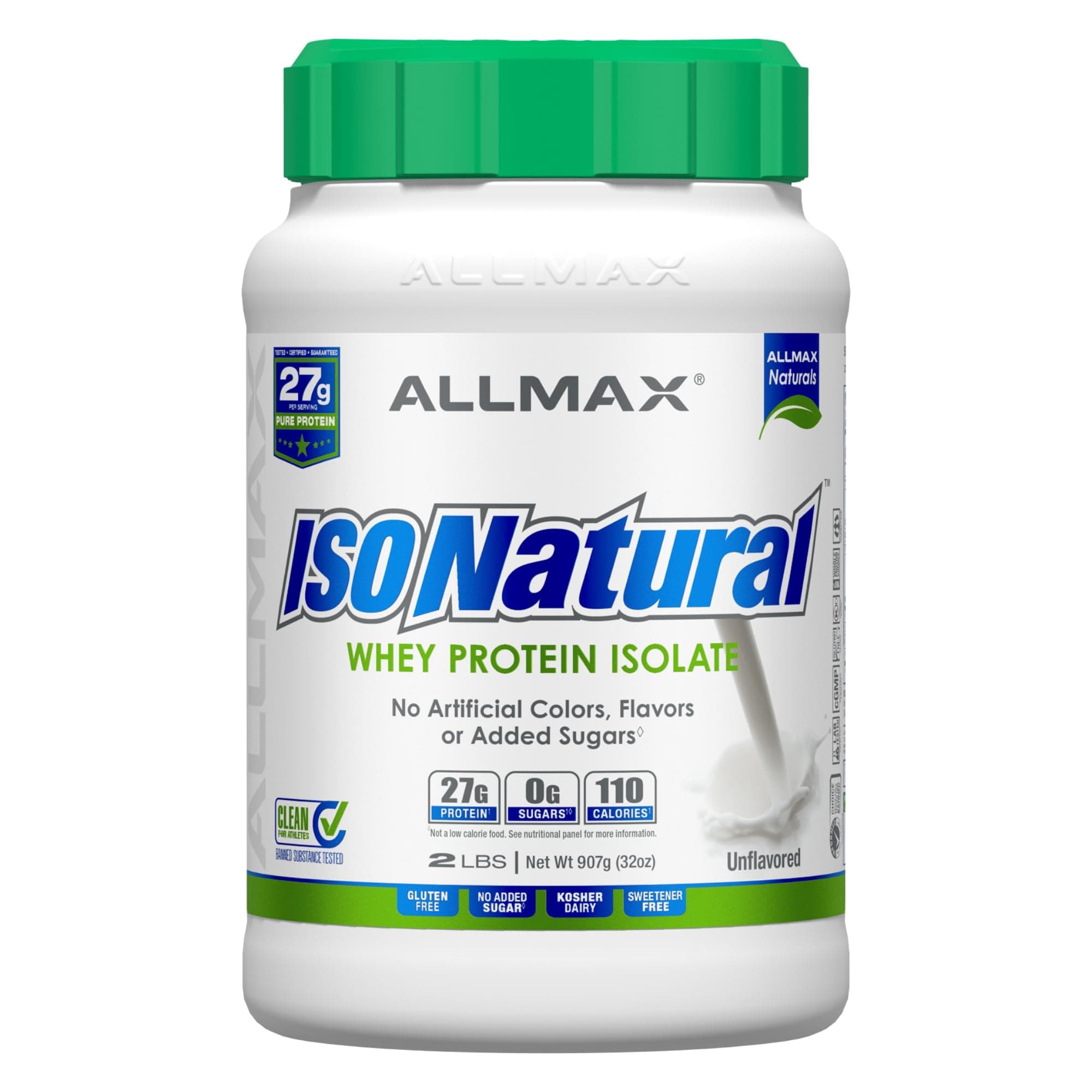 ISONATURAL Whey Protein Isolate, Unflavored - 2 lb - 27 Grams of Protein Per Scoop - Zero Fat & Sugar - 99% Lactose Free - with Prebiotics - No Artificial Flavors - Approx. 31 Servings