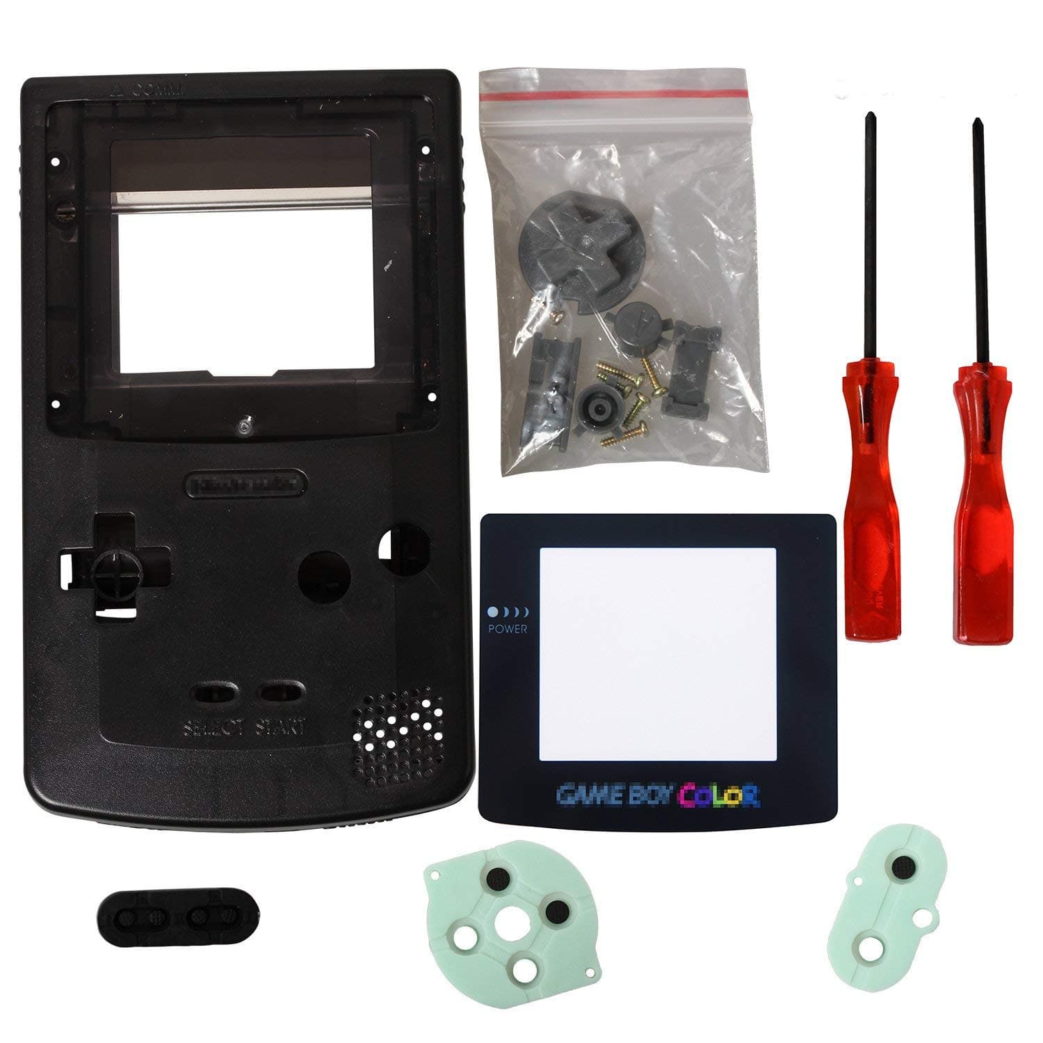 eJiasu Full Replace Parts Housing Shell Pack Replacement for GBC Gameboy Color Shell(Transparent Black Case with Lens and Screwdriver)