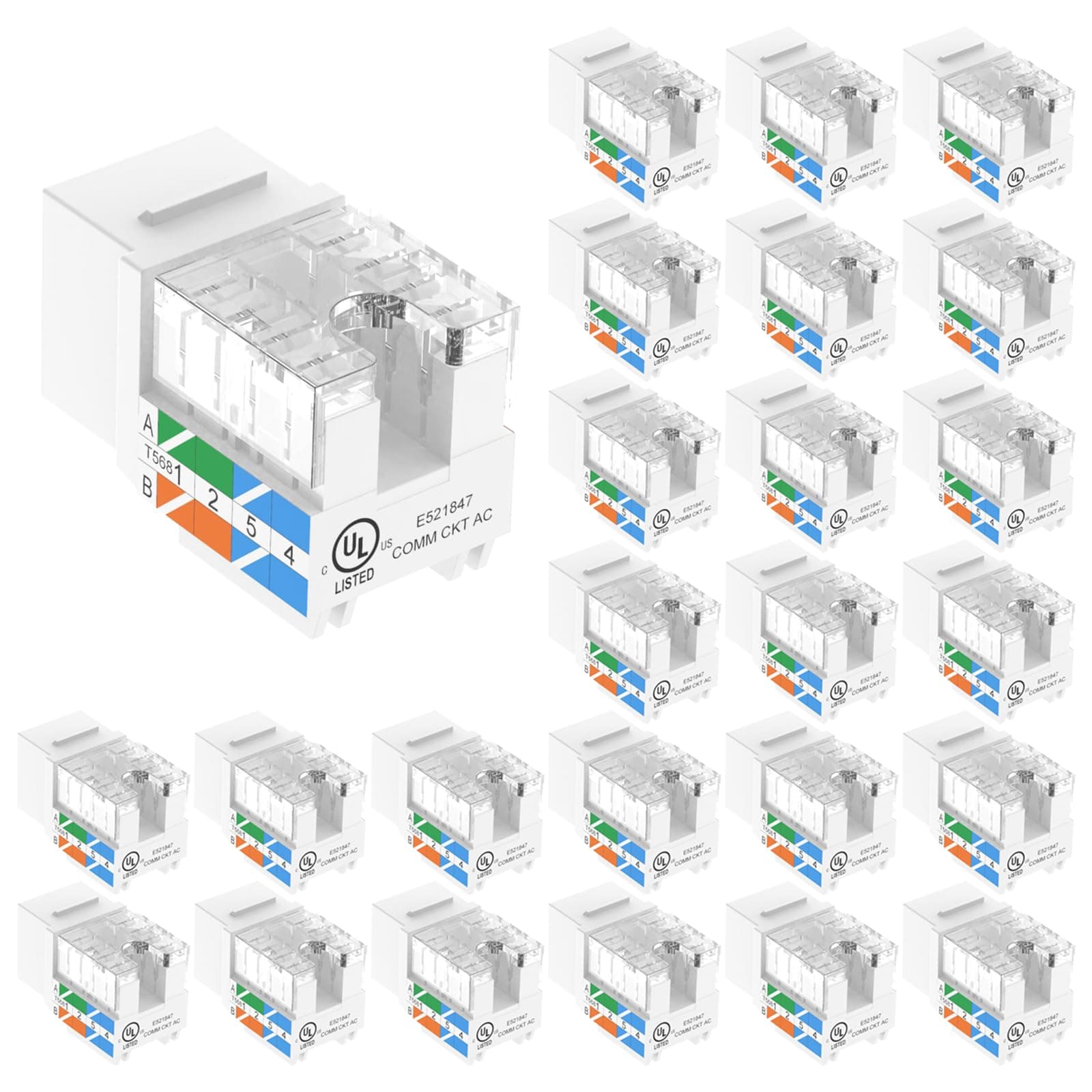 UL Listed 10Gbps Cat6 Keystone Jack Insert 25-Pack, 90 Degree Punch Down RJ45 Keystone Jack Adapter Slim Profile for Patch Panel and Wall Plate