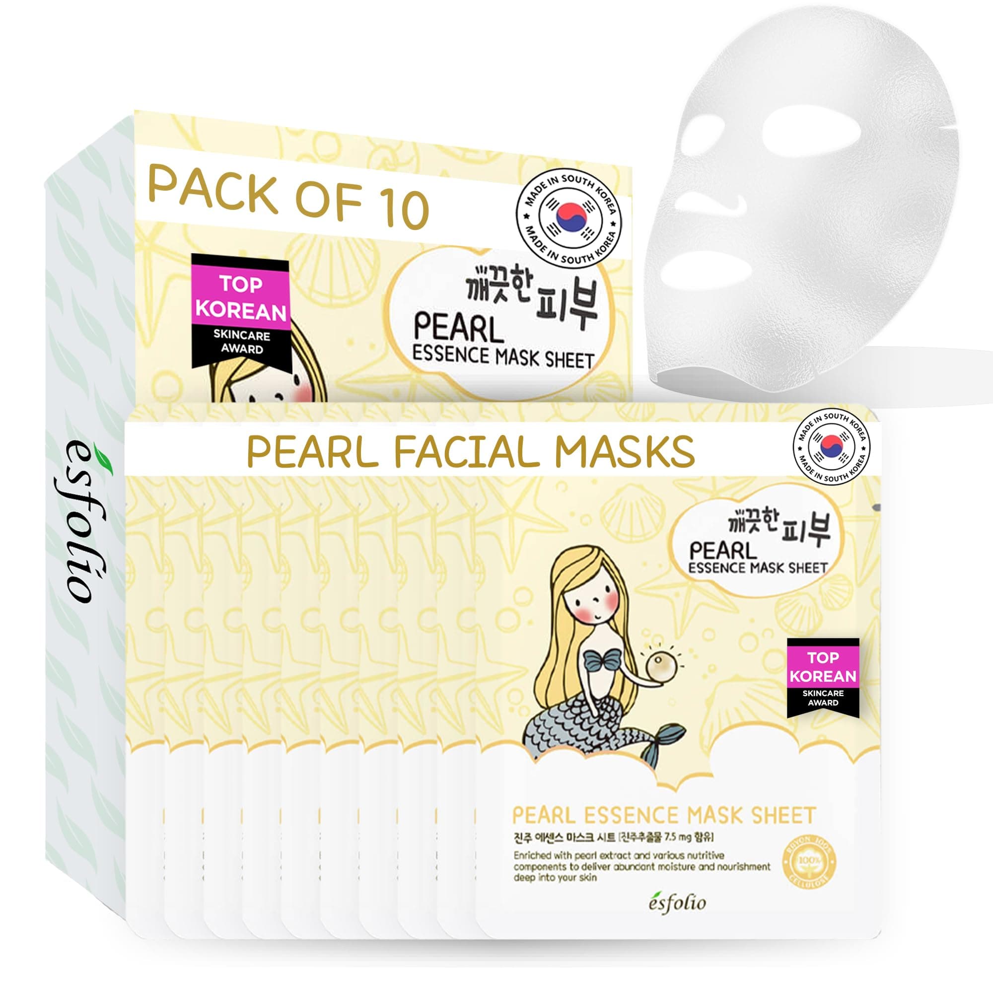 Pure Skin Mask Box – Pearl Essence Sheet Mask Set, Hydrating & Nourishing Korean Face Masks, Revitalizing Skincare for Soft, Smooth, and Radiant Skin (Pack of 10)