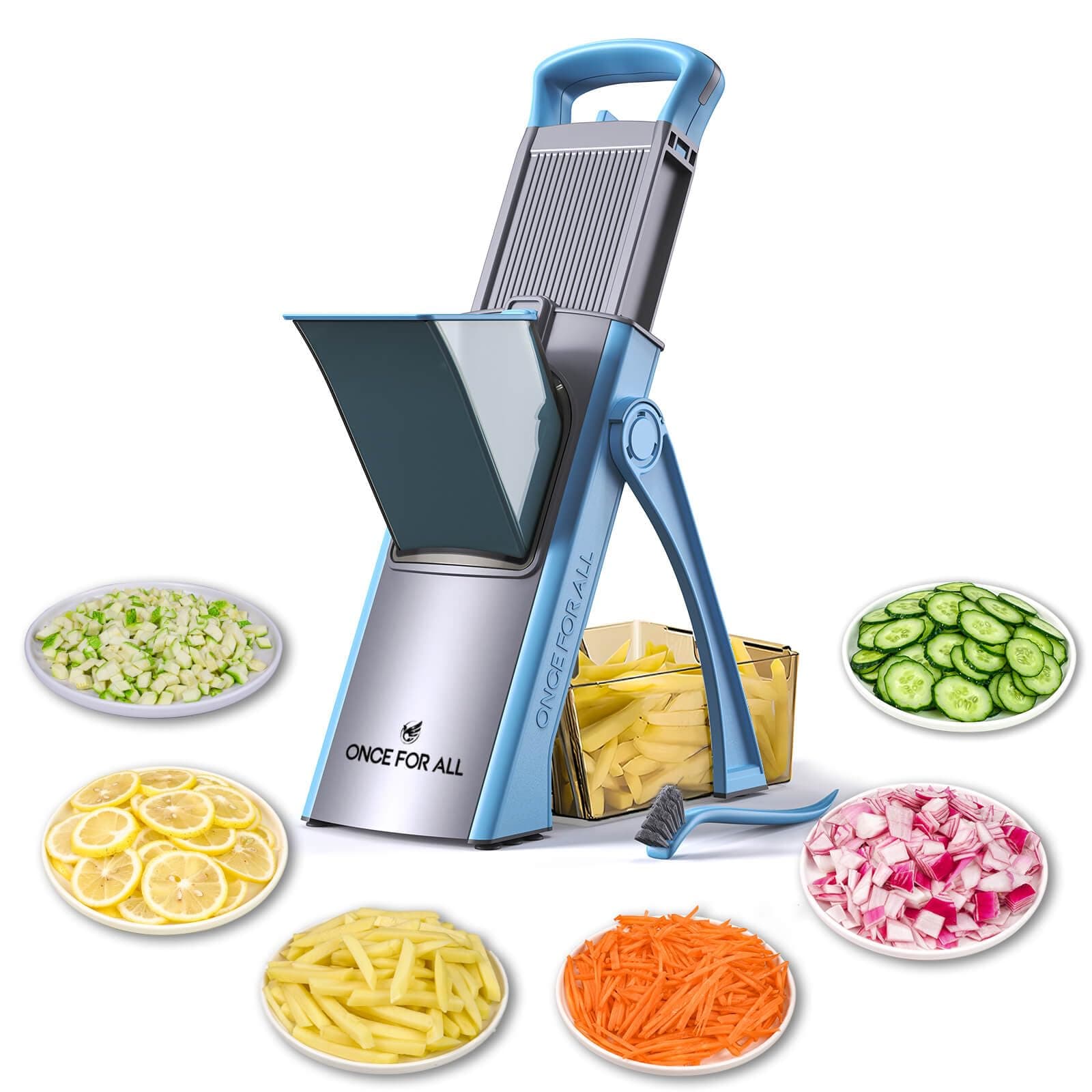 ONCE FOR ALL Safe Mandoline Slicer 5 in 1 Vegetable Chopper Food Potato Cutter, Strips Julienne Dicer Adjustable Thickness 0.1-8 mm Kitchen Chopping Artifact Fast Meal Prep (Upgrade -Blue)