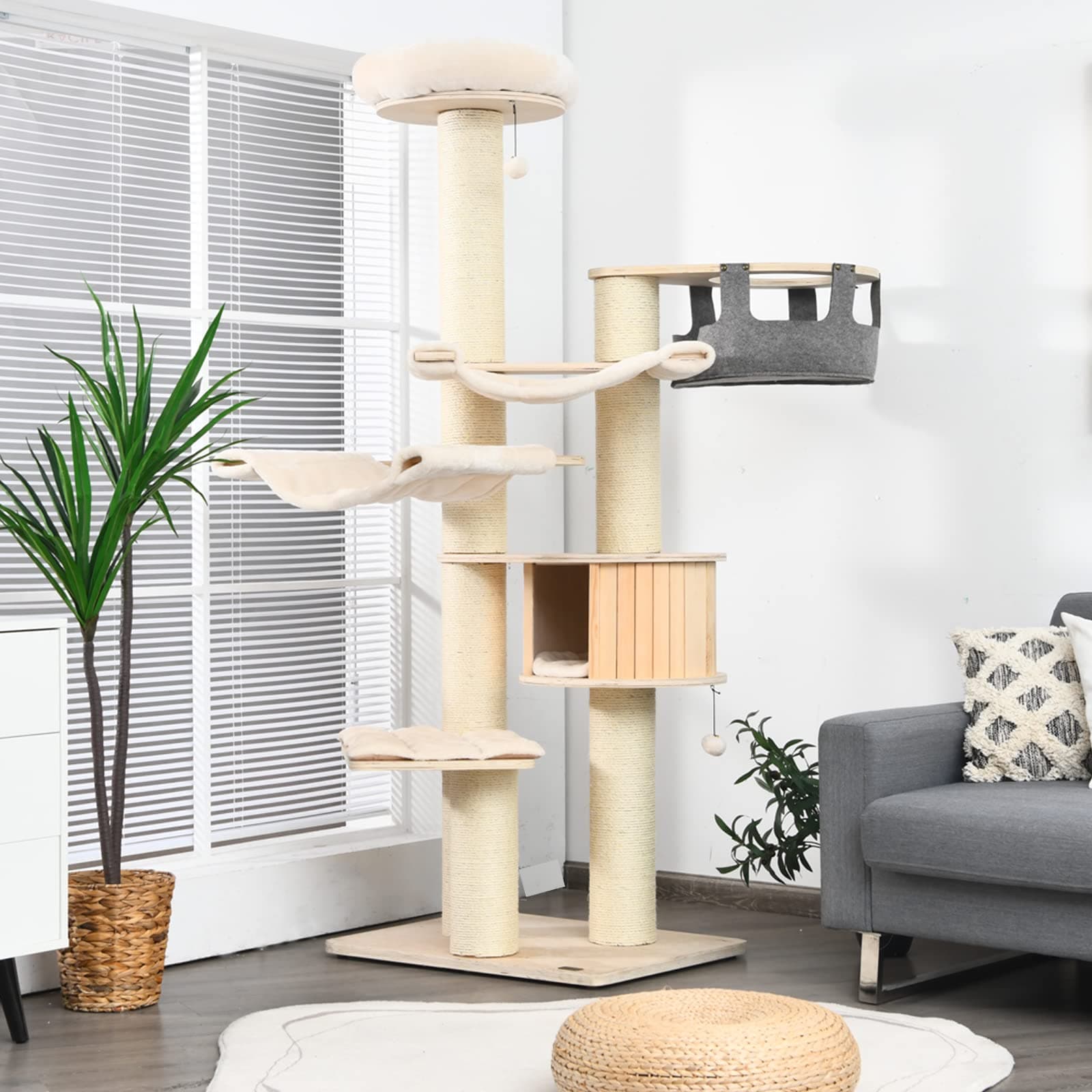 PETSITE 77.5" Tall Cat Tree, Multi-Level Modern Cat Tower with Sisal Scratching Posts, Top Perch, Cat Condo, Hammocks, Hanging Basket, and Jingling Balls, Cat Tree Tower for Indoor Cats Large Adult