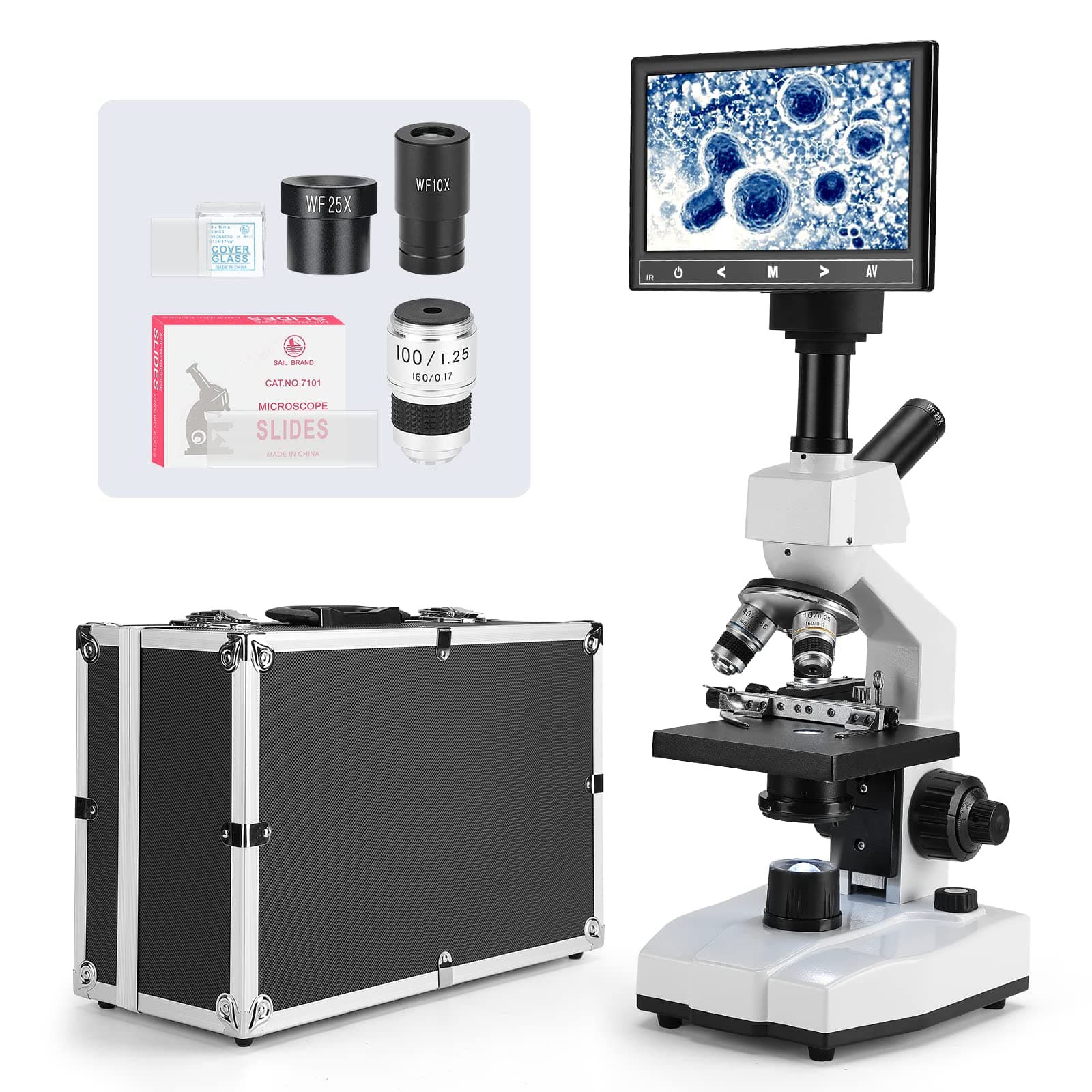 Vabiooth Dual-View Lab Compound Monocular Microscope 40X-2500X Magnification with 7" LCD Display, Wide-Field 4X/10X/40X(s)/100X(Spring Oil) Eyepieces, Adjustable Mechanical Stage, Aluminum Carry Box