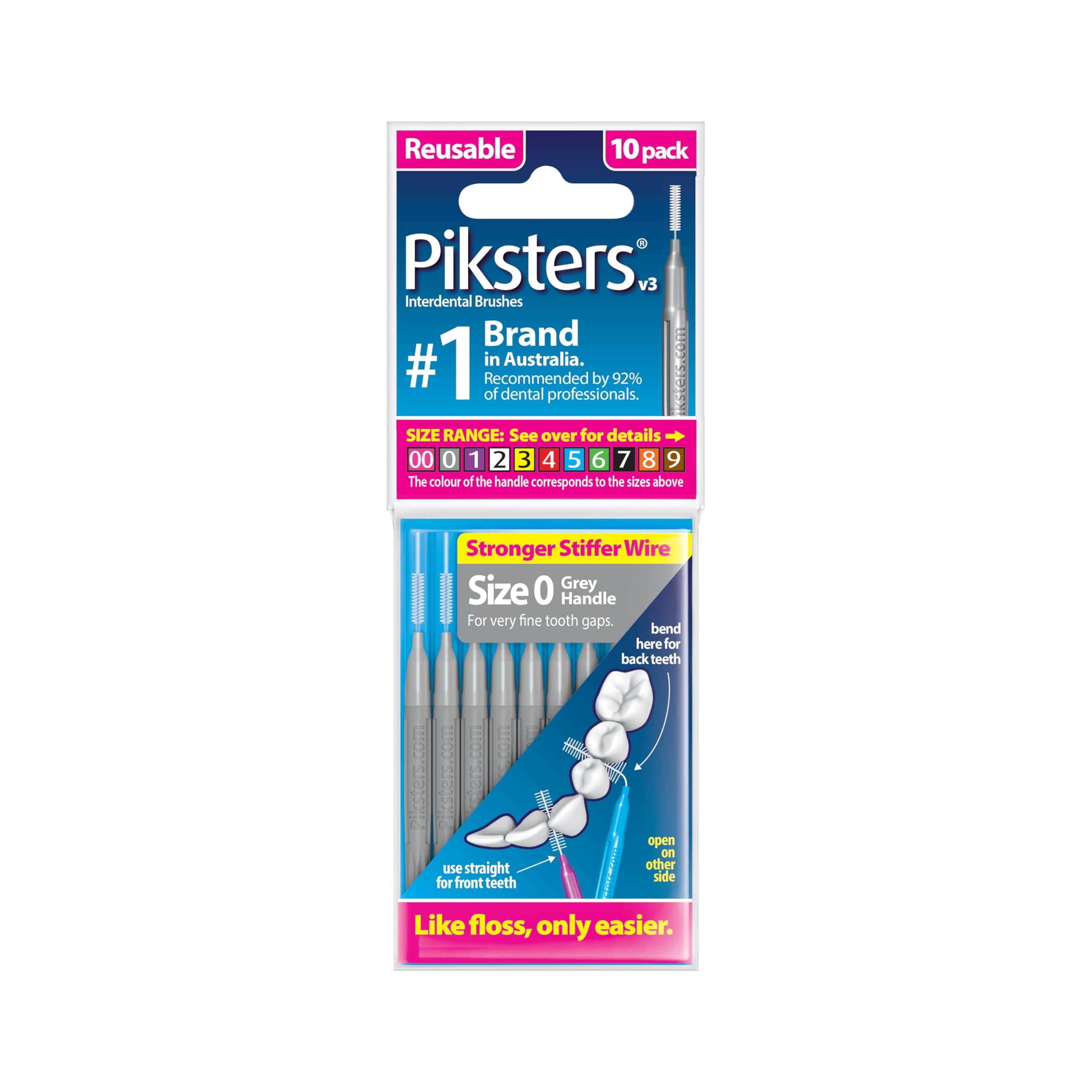 Piksters Interdental Brushes, 10 pk, Size 0, Interdental Tooth Brush for Very Tight Teeth Gaps, Gum Soft Bristles for Plaque Removal, Safe for Braces