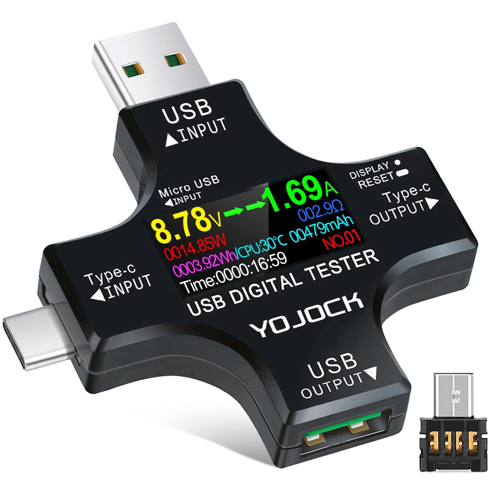 Yojock Usb Tester Meter 2-In-1 C Current Digital Multimeter Power Meter, Voltage Voltmeter, Current, Capacity Detector