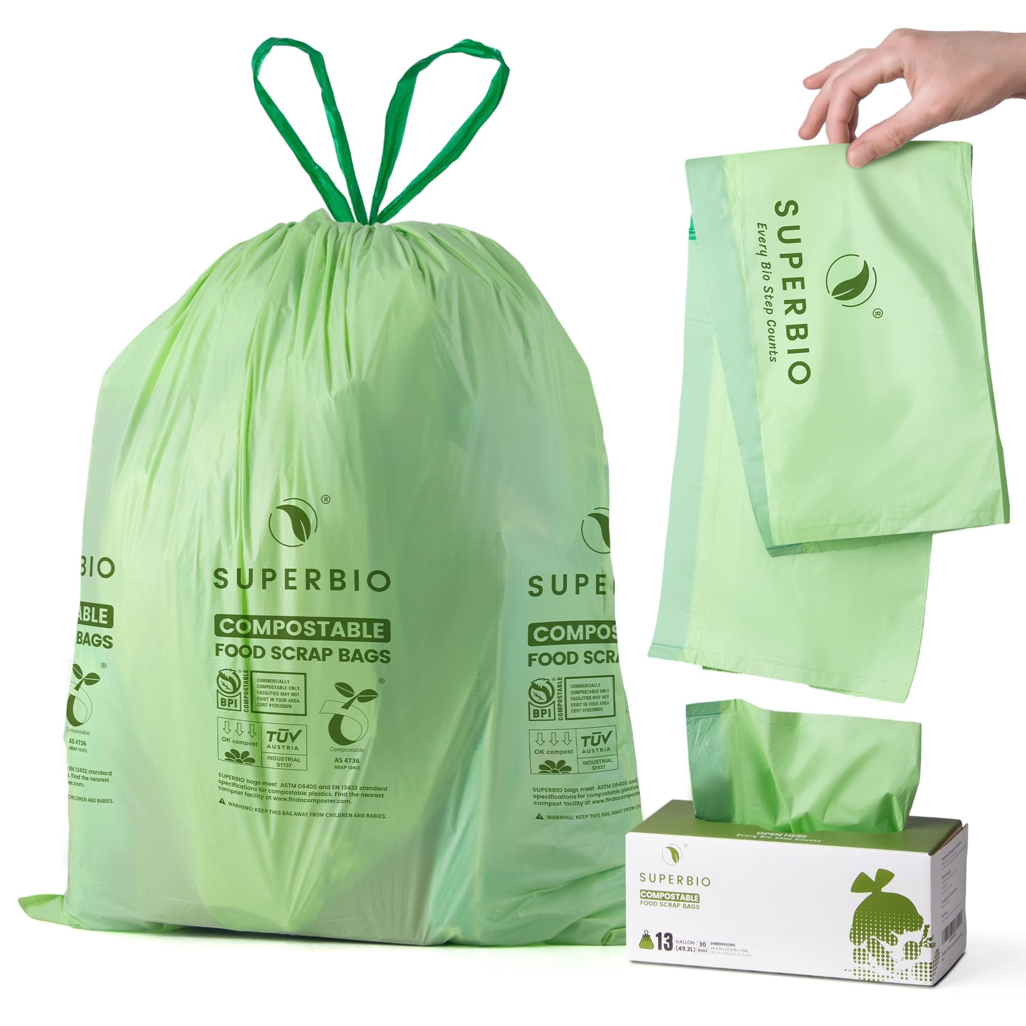 - SUPERBIO 13 Gallon Compostable Drawstring Kitchen Waste Bag, 49.2 Liter, 30 Count,1 Mil, Heavy Duty Food Scrap Bags, BPI, Seedling and OK compost INDUSTRIAL