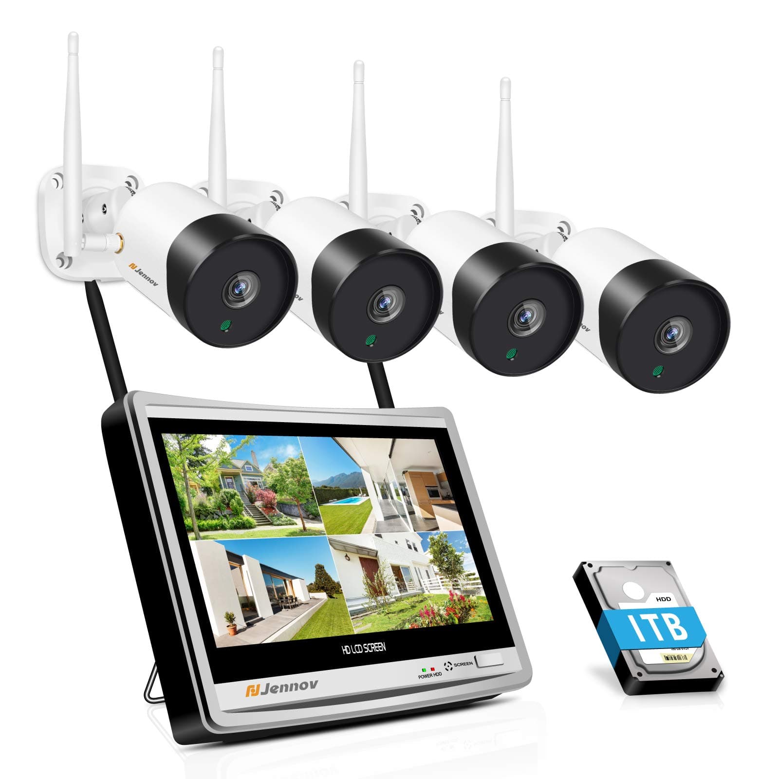 5MP Wireless CCTV Camera System Jennov Wireless Security Camera System with 12" LCD Monitor Outdoor 4pcs 5MP Home WiFi CCTV Camera Video Surveillance Kit with 1TB HDD IP66 Waterproof Night Vision