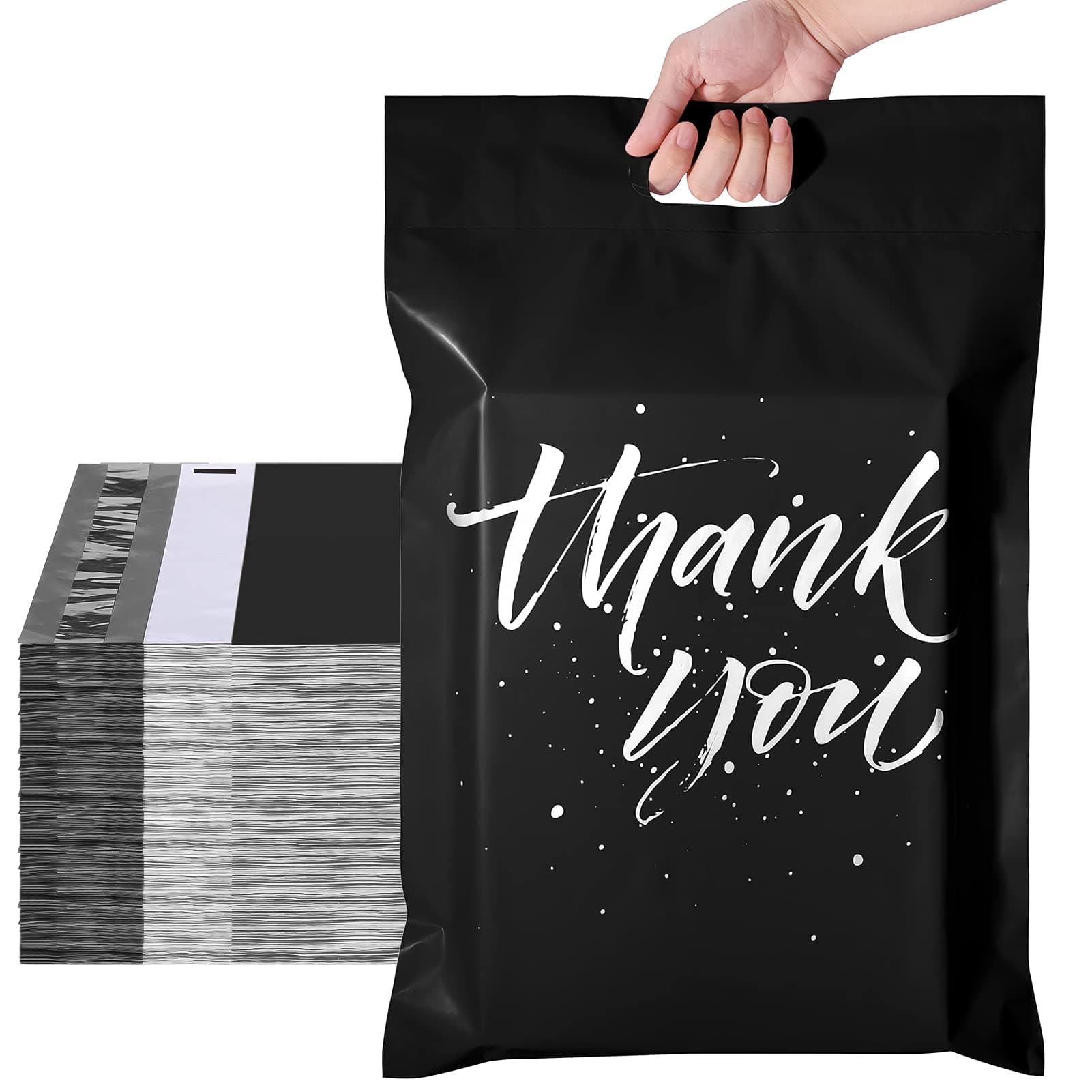 Thank You Poly Mailers 14.5x19 50 Pcs, Easy to Carry Shipping Bags with Handle, Self Seal Mailers Poly Bags for Small Business Packing and Shipping, Large Package Bags Mailing Bags, Black