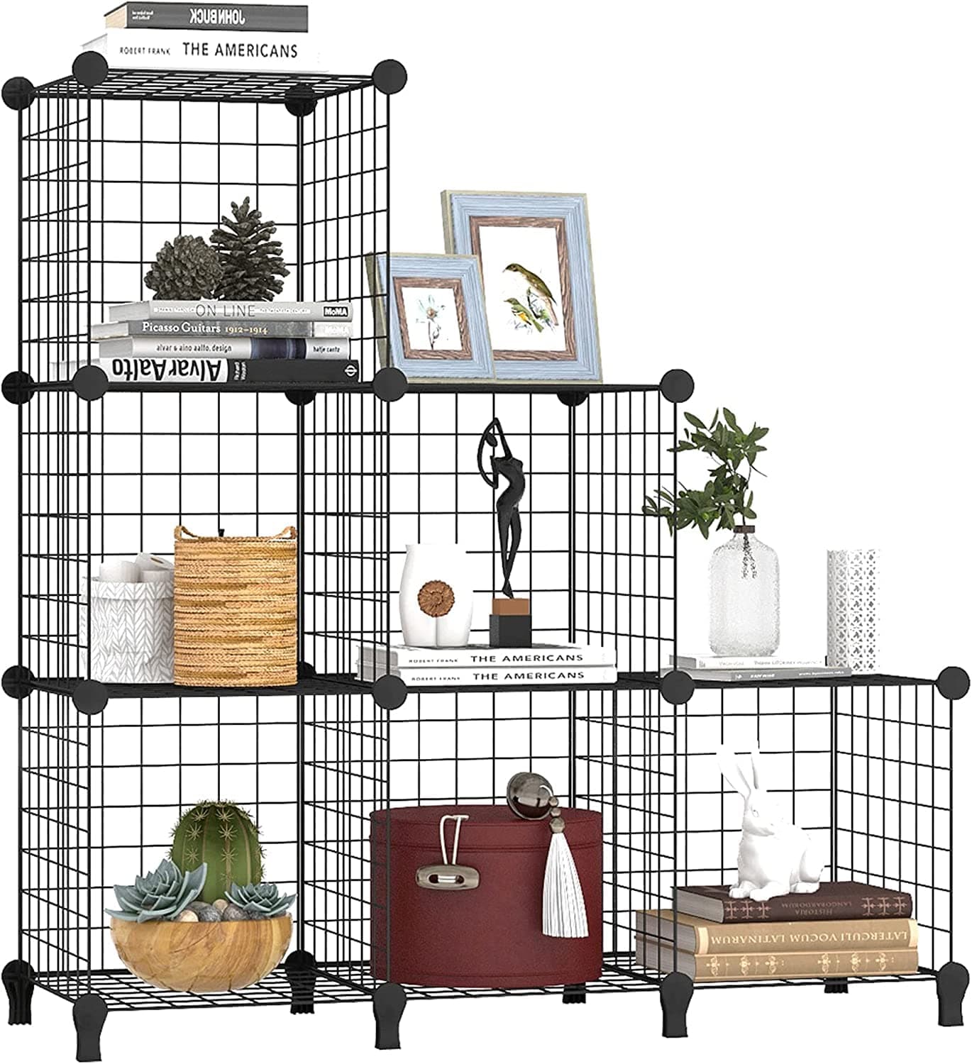 MIXDE Wire Cube Storage, Metal Grids Shelves Bookshelf, Stackable Modular Shelving Organizer, DIY Closet Bookcase Bookshelf, 6-Cube Grid Storage Shelf for Bedroom, Living Room, Office (Black)