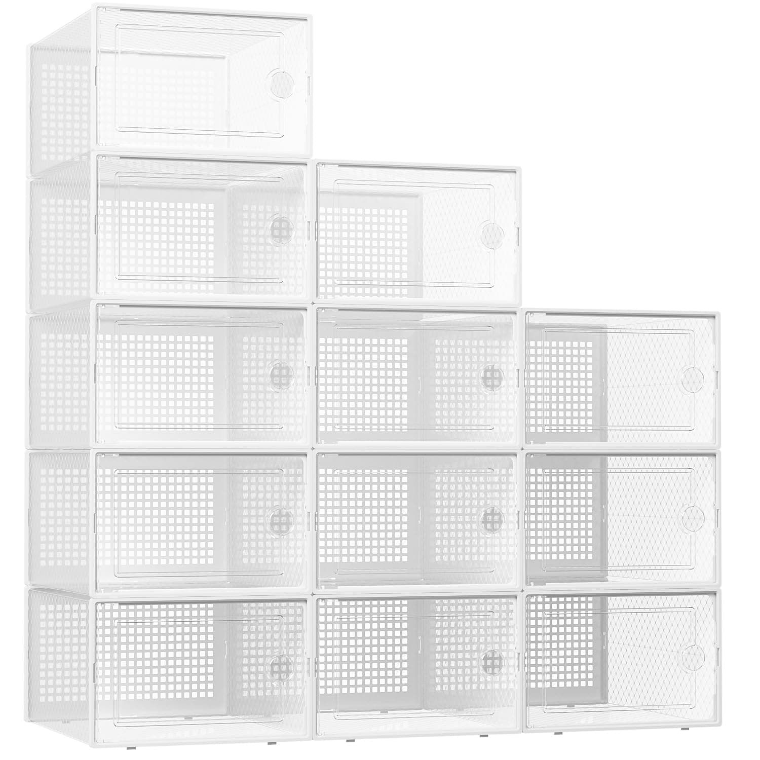 Kuject XX-Large Shoe Storage Boxes Organizers Clear Plastic Stackable 12 Pack, Shoe Rack & Holder Substitute, Sneaker Containers, Toy Storage Organizer Bins for Entryway, Closet, Under Bed, White