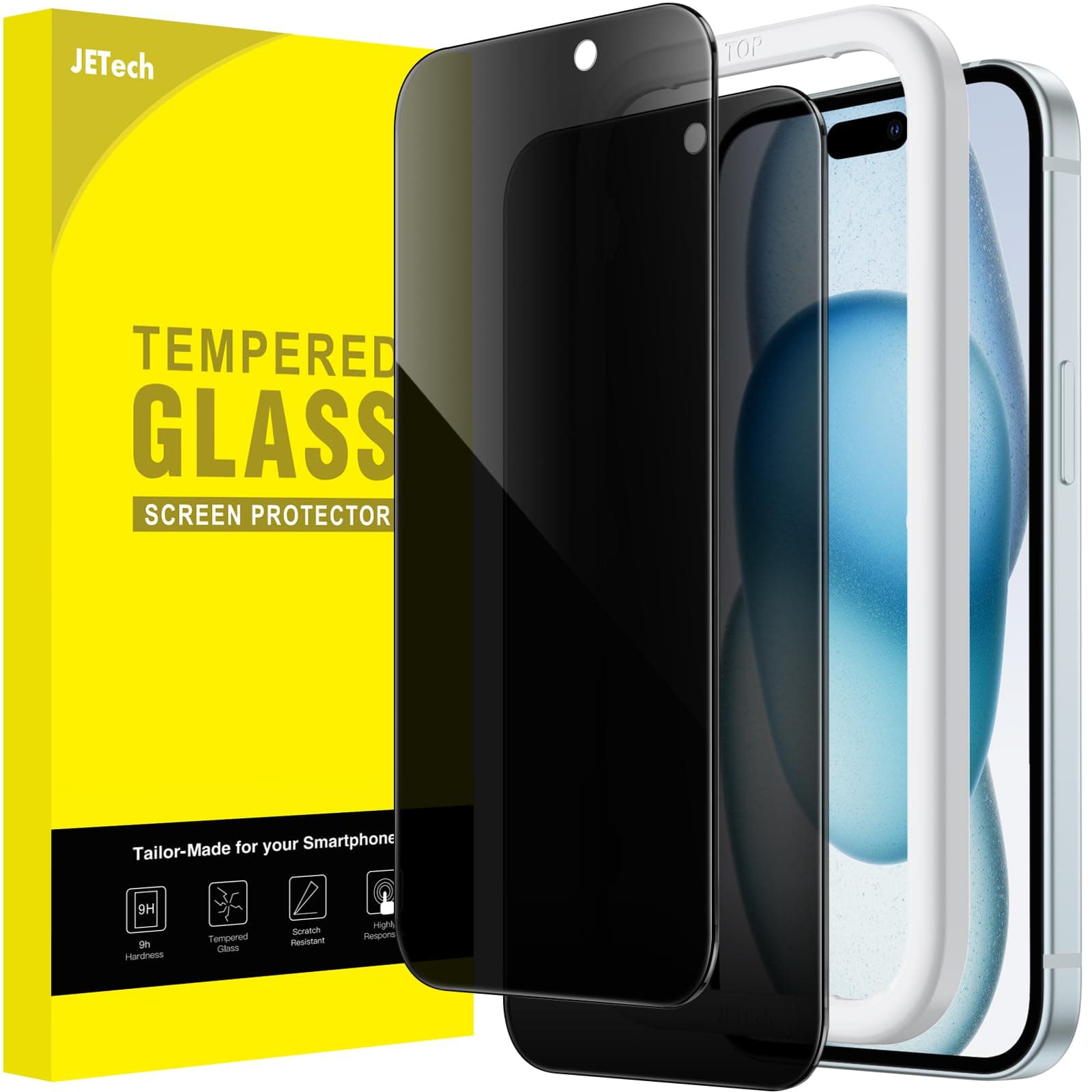– JETech Privacy Screen Protector for iPhone 15 Plus 6.7-Inch, Anti-Spy Tempered Glass Film with Easy Installation Tool, 2-Pack