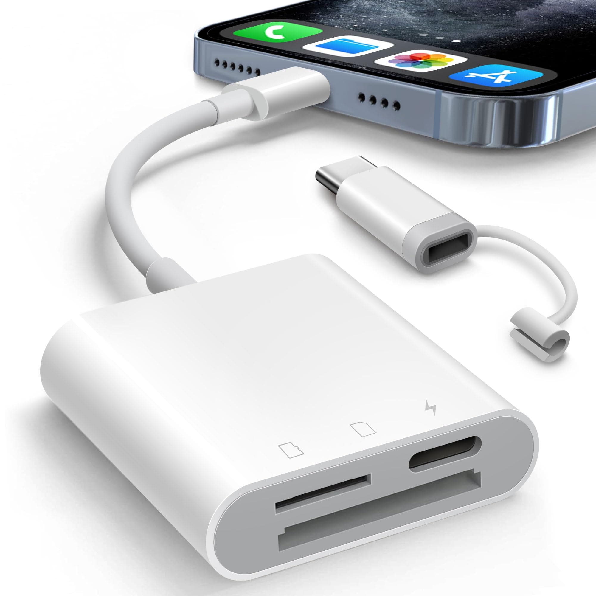 2 in 1 SD Card Reader for iPhone iPad Camera Card Viewer Reader for Trail Game Camera DSLR Dash Cams SD Card Reader, Portable No App Required