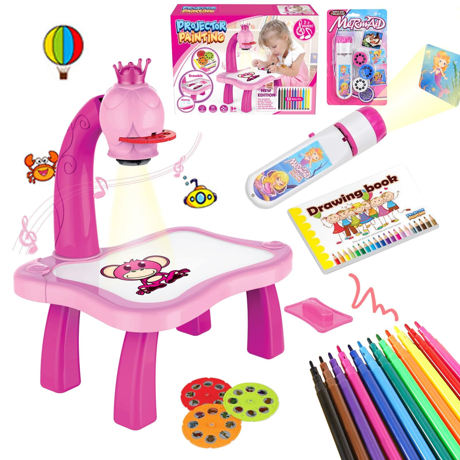 2pcs/Set Drawing Projector for Kids with Flashlight Slide Projector, Projector Drawing Table for Kids Tracing with Light Music Sketcher Desk for Early Art Learning Games Gifts (Pink)