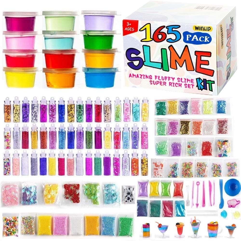165 Pack DIY Slime Kit, Slime Making Kit Includes 12 Crystal Slime, Glitter Jars, Charms, Sugar Paper, Foam Beads, Fishbowl Beads, Toy Cups, Slices, Mica Powders and Tools for Kids Girls by WINLIP