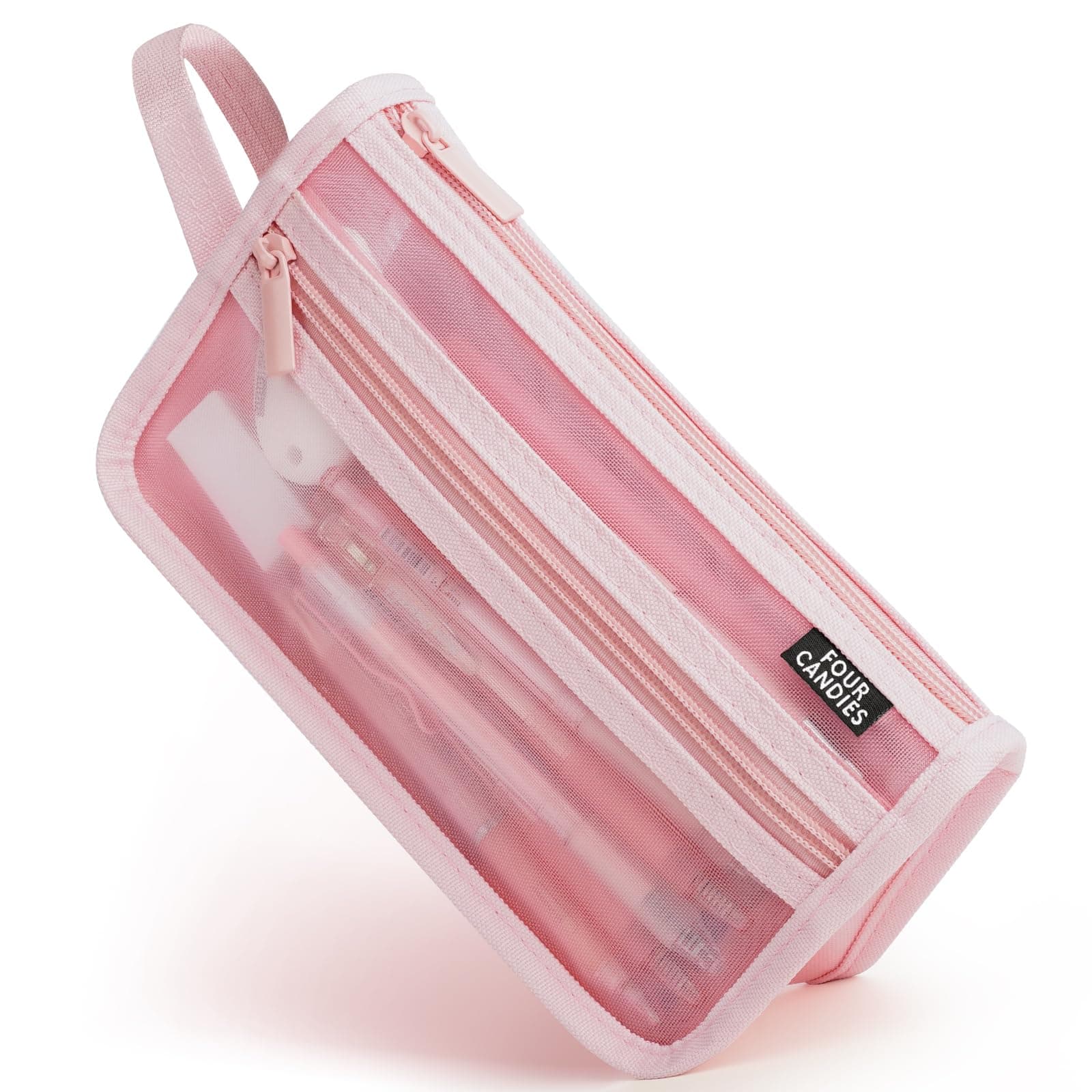 Four Candies Grid Mesh Pencil Case with Handle and Zipper, Clear Double-layer Pencil Pouch Marker Pouch, Travel Makeup Bag, Cute Transparent Stationary Organizer Pen Bag for Adult Office College