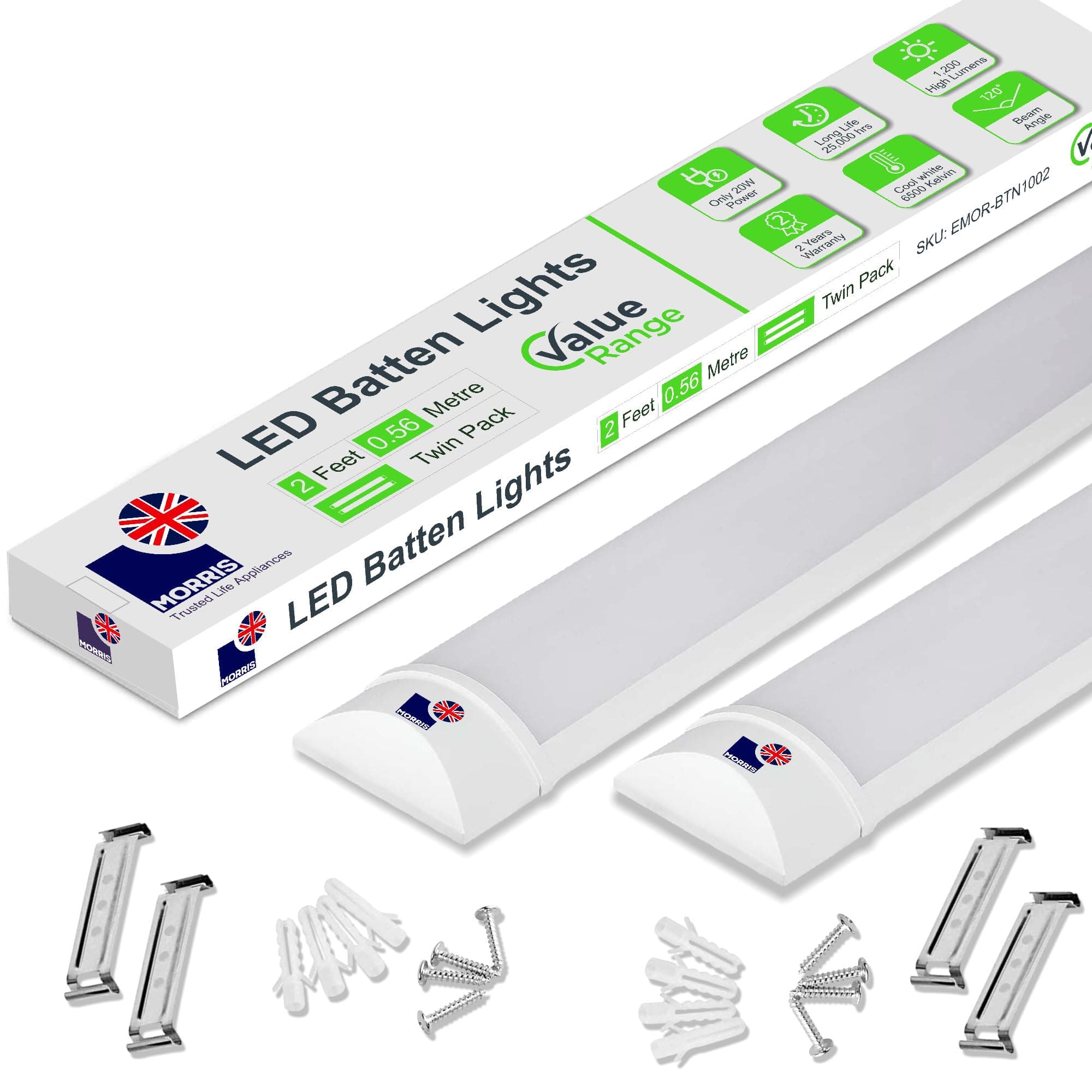 Morris LED Batten Light 2ft - 20W 2400LM, IP20 Indoor Safe, 2-Pack 6500K Daylight, Durable Lighting for Hallways, Pantries, Indoor Workspaces - Value Range