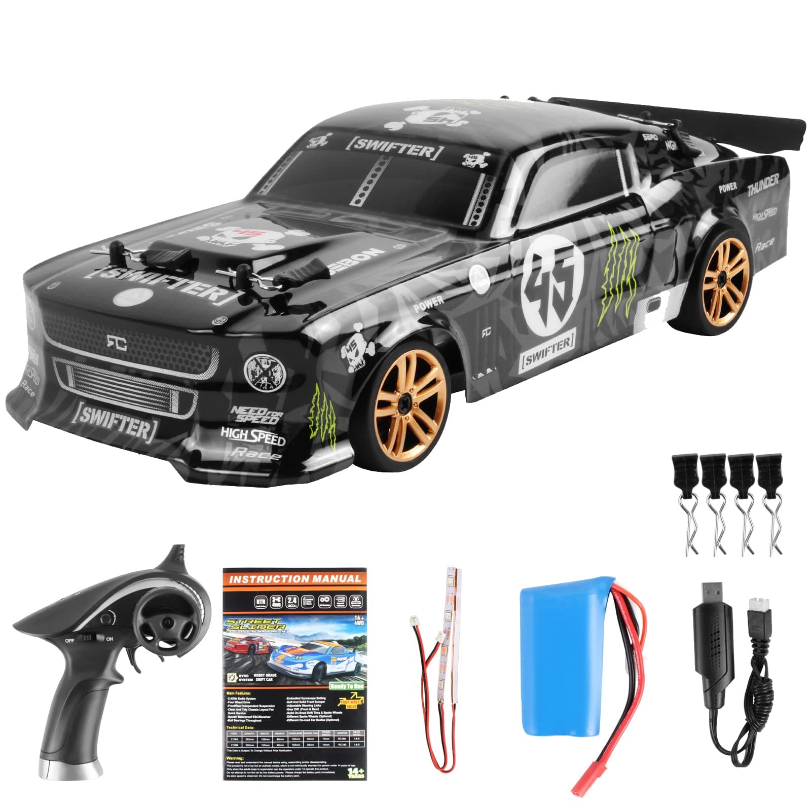 GoolRC RC Drift Car, 1:18 Scale Remote Control Car?2.4GHz 4WD 30KM/H High Speed Racing Cars with LED Light Strip and 1 Battery for Adults