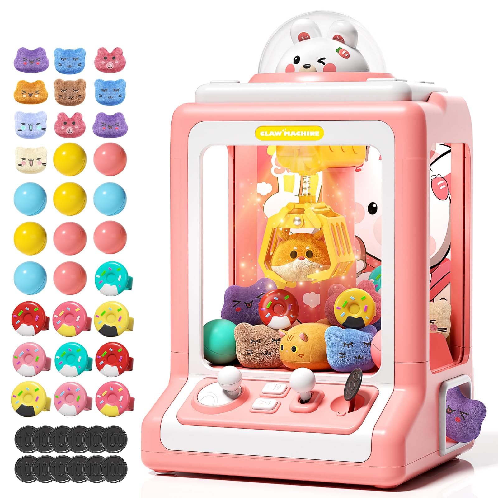 Jovow Claw Machine for Kids - Mini Vending Machine with Volume Control & Music, Electronic Rabbit Prize Dispenser Toys with 30 Prizes (Plush, Eggs), Party Birthday Gifts for Girls Age 3 4 5 6-8