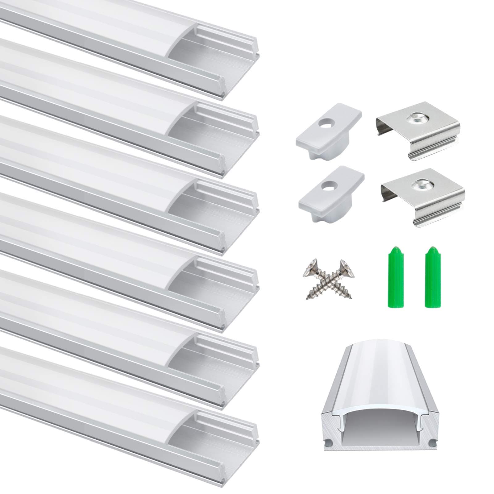 6-Pack LED Aluminum Profile, 3.3ft/1Meter LED Aluminum Channel Silver U-Shape LED Diffuser with Milky White Cover, End Caps and Mounting Clips for LED Strip Lights