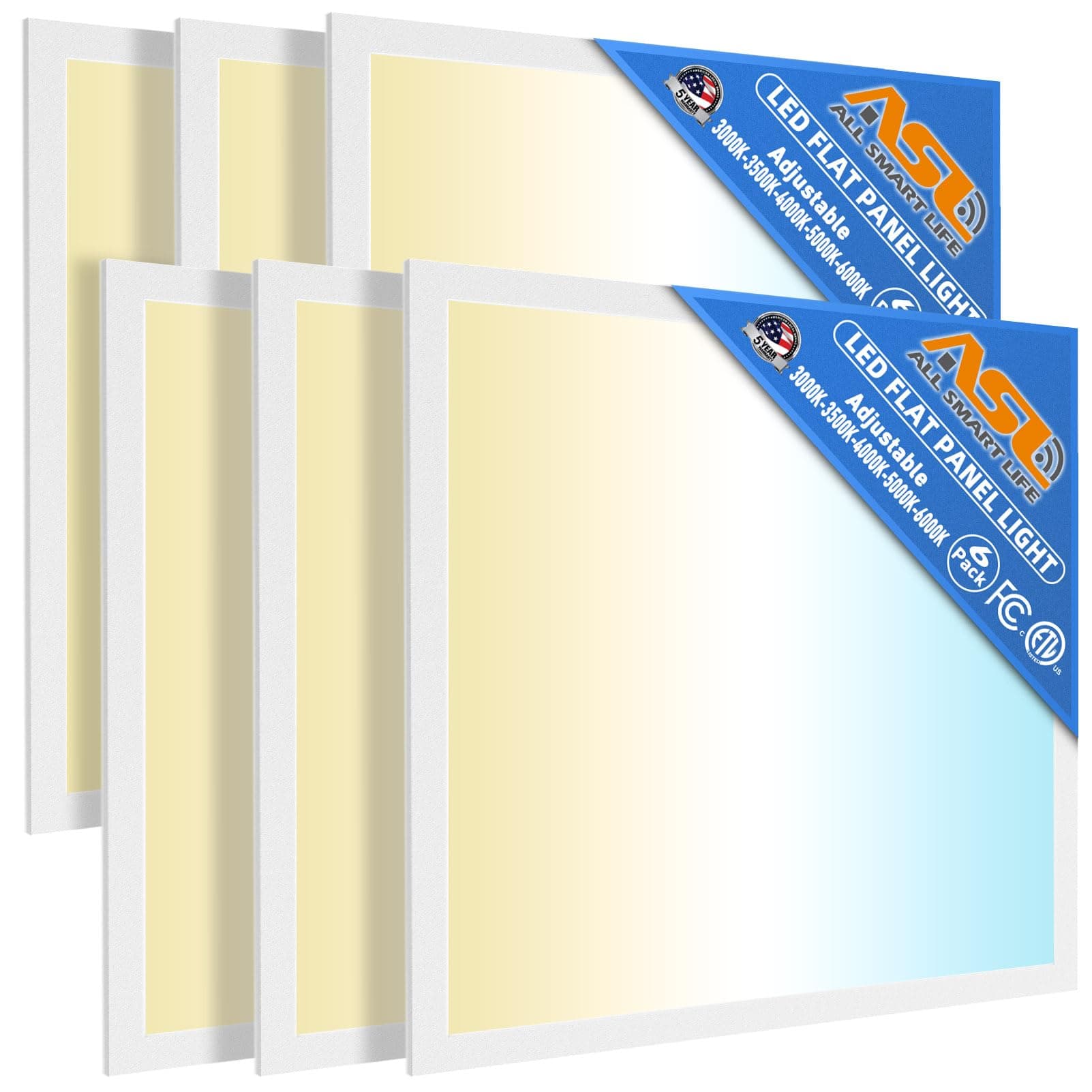 Allsmartlife 2x2 LED Flat Panel Light 6-Pack, 0-10V Dimmable, 5CCT 3000K-3500K-4500K-5000K-6000K, MAX 60W/7200 Lumens, Back-Lit 2x2FT LED Panel Drop Ceiling Light Fixtures, 100-277V 50/60Hz