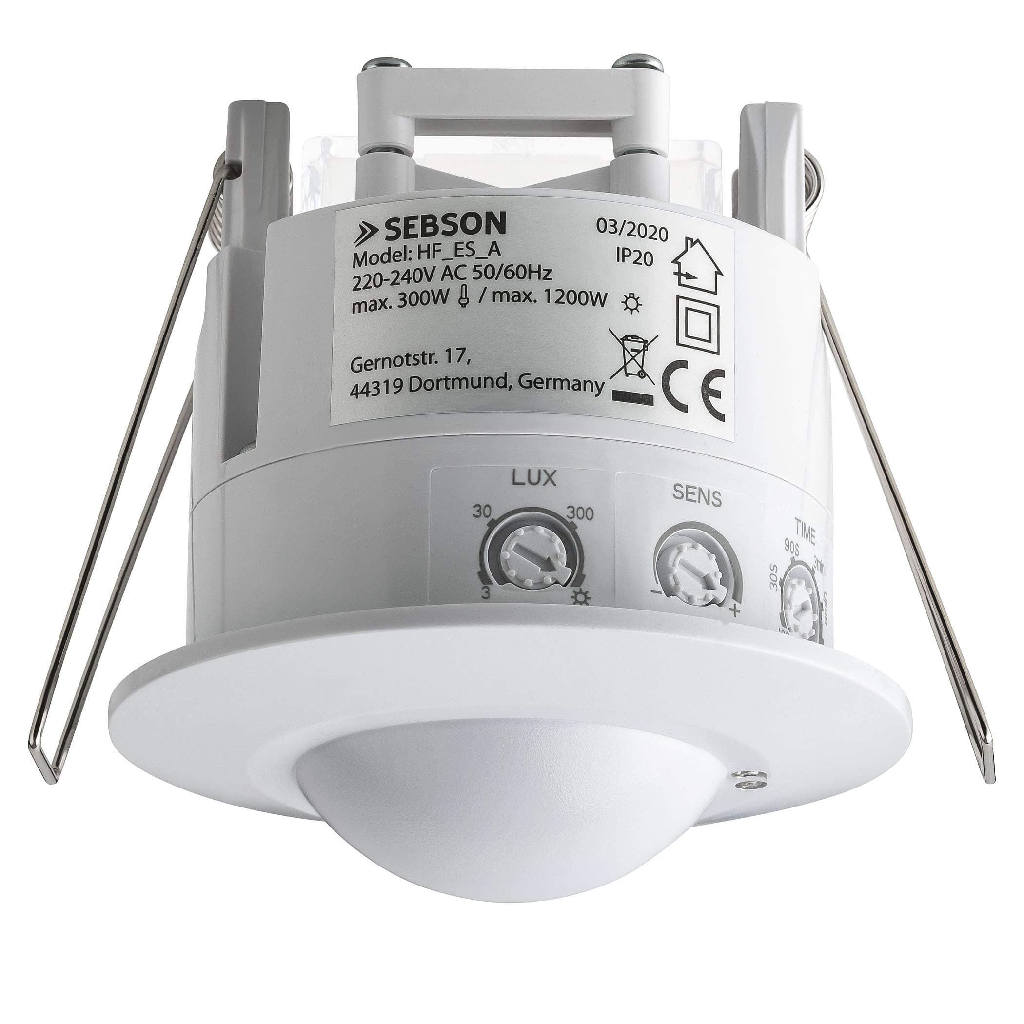 SEBSON Motion Detector Indoor, Flush mounted, HF Sensor LED suitable, Ceiling Mounting, programmable, Movement Sensor Range 2-16m/ 360°, max. 1200/300W