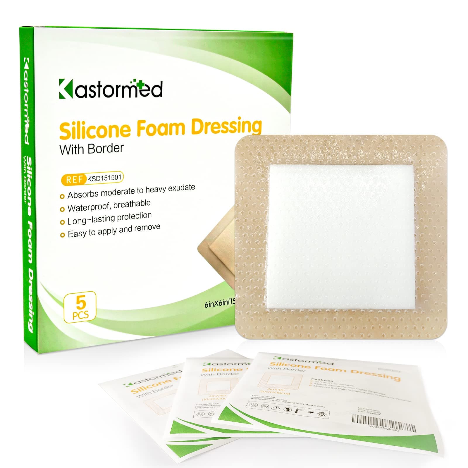 Silicone Foam Dressing, Waterproof Wound Dressing with Gentle Adhesive Border, 5 Layer High Absorbency Foam Bandages for Wound Care, Sterile Self-Adhesive Patches, 6'' x 6'', 5 Pack