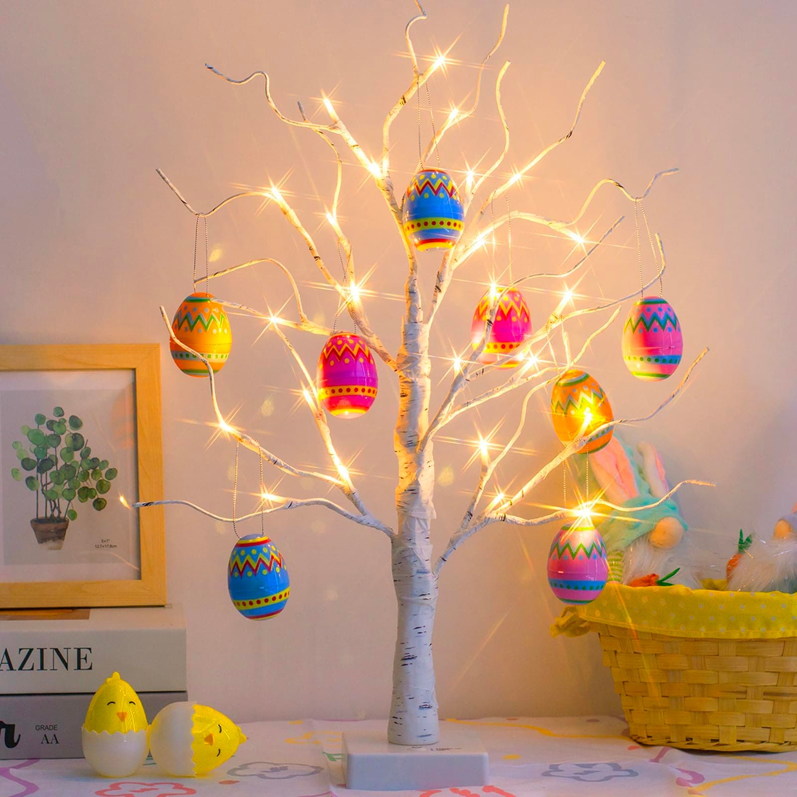 EAMBRITE White Easter Tree with Colourful Fillable Eggs Battery Operated Twig Tree with Lights Easter Gifts for Children (60cm/2ft)