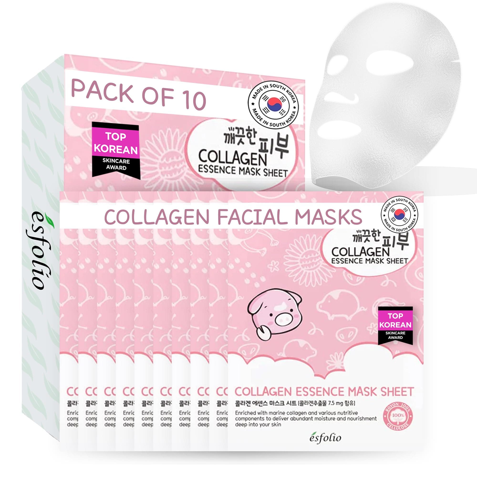 Collagen Essence Sheet Mask – Hydrating & Firming Face Mask for Glowing Skin – Anti-Aging Korean Skincare with Hydrolyzed Collagen & Hyaluronic Acid – Moisturizing Facial Mask (Pack of 10)