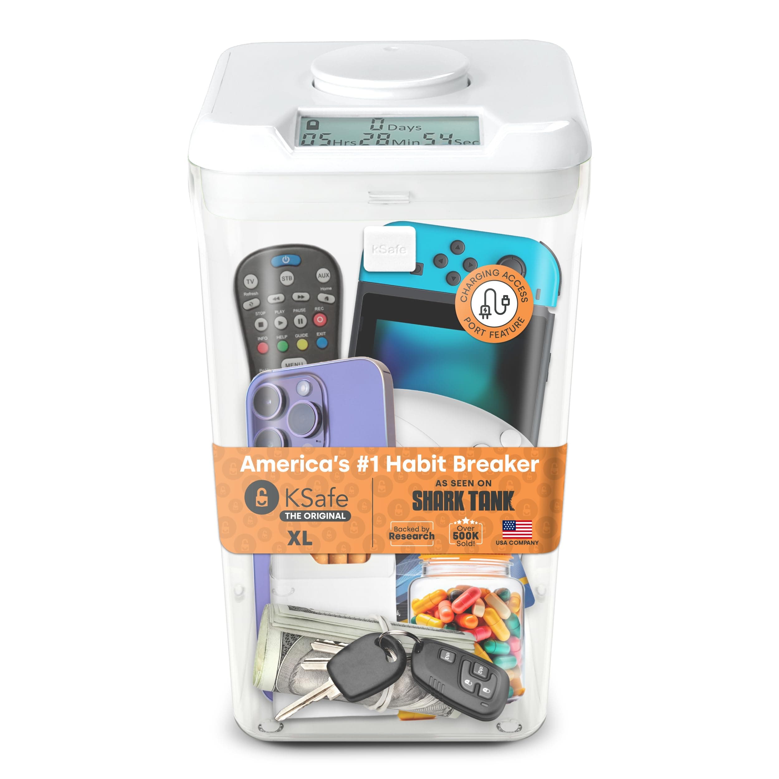 - kSafe Time Locking Container XL – Tech Lock Box for Tablets, Game Controllers, Large Snack Bags, BPA-Free Plastic, No Overrides, 5.5” W x 10.4” L, White Lid, Clear Base