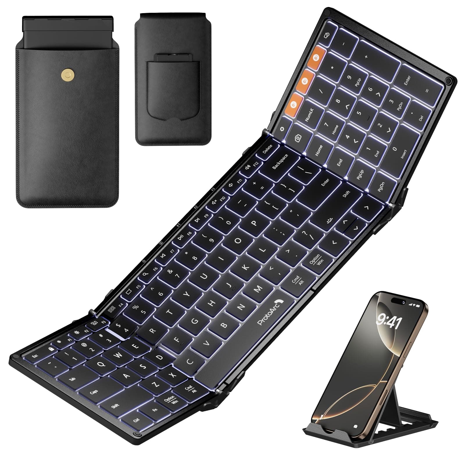 ProtoArc Backlit Foldable Keyboard, XK01 Plus Folding Portable Bluetooth Keyboard for Travel, True Full Size External Wireless Keyboard with Backlight for iPad Tablet Smartphone Laptop - Black