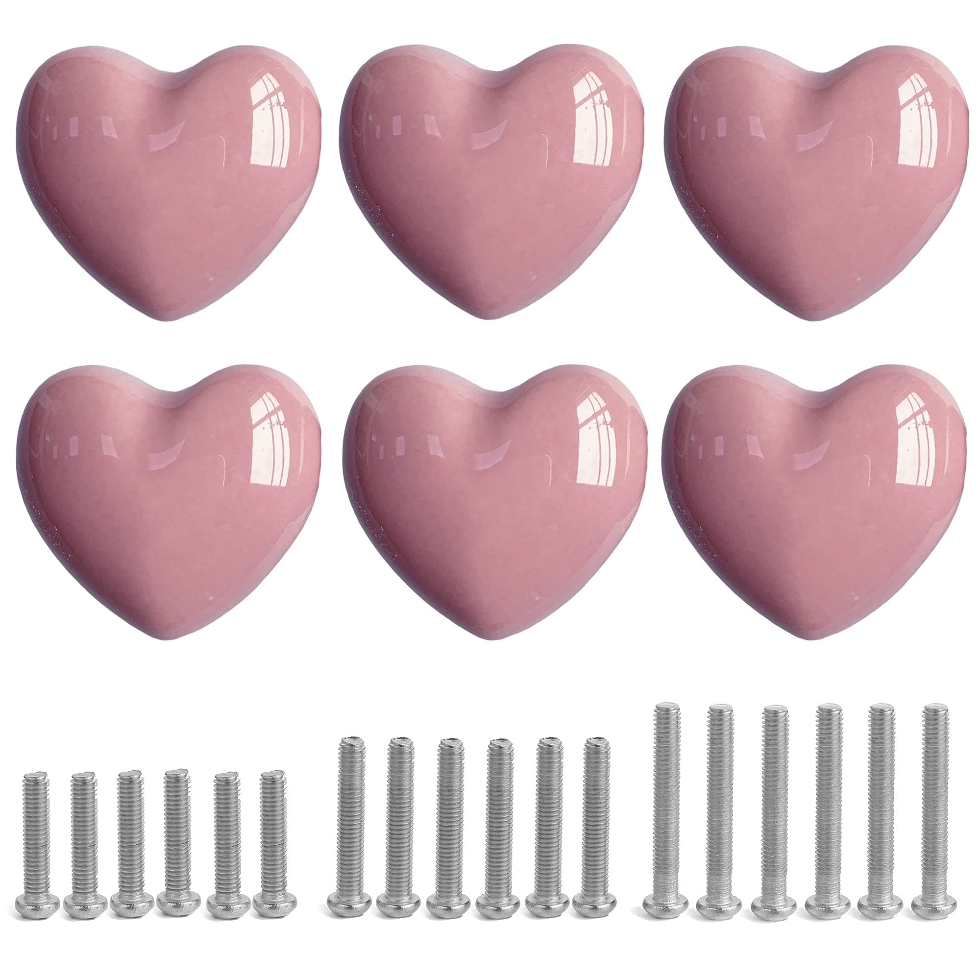 Ceramic Drawer Knobs Heart Shape Cabinet Dresser Pulls Handles with 3 Sized Screws, Kitchen Furniture Knobs for Closet Cupboard Wardrobe (6 Pack, Pink)