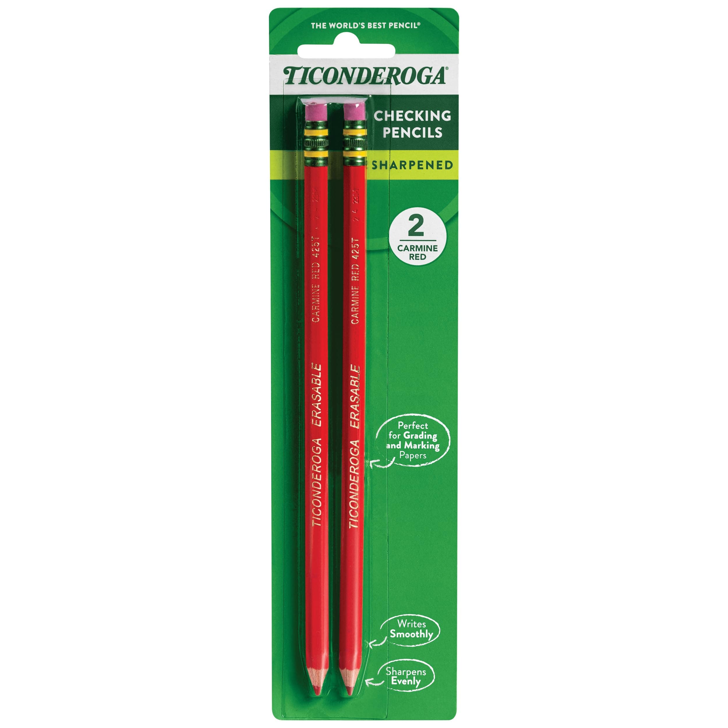 TICONDEROGA Erasable Checking Pencils, Pre-Sharpened with Eraser, Red, Pack of 2 (13901)