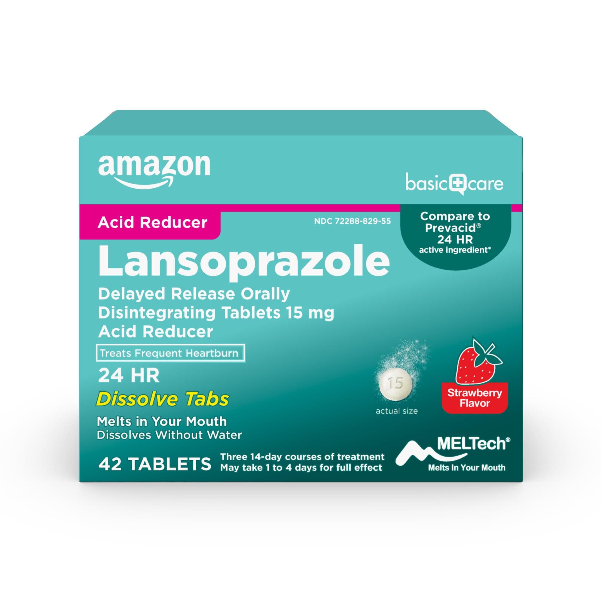 Amazon Basic Care Lansoprazole Delayed Release Orally Disintegrating Tablets 15 mg, Acid Reducer, Treats Frequent Heartburn, Strawberry Flavor, 24 Hour Heartburn Relief, 42 Count