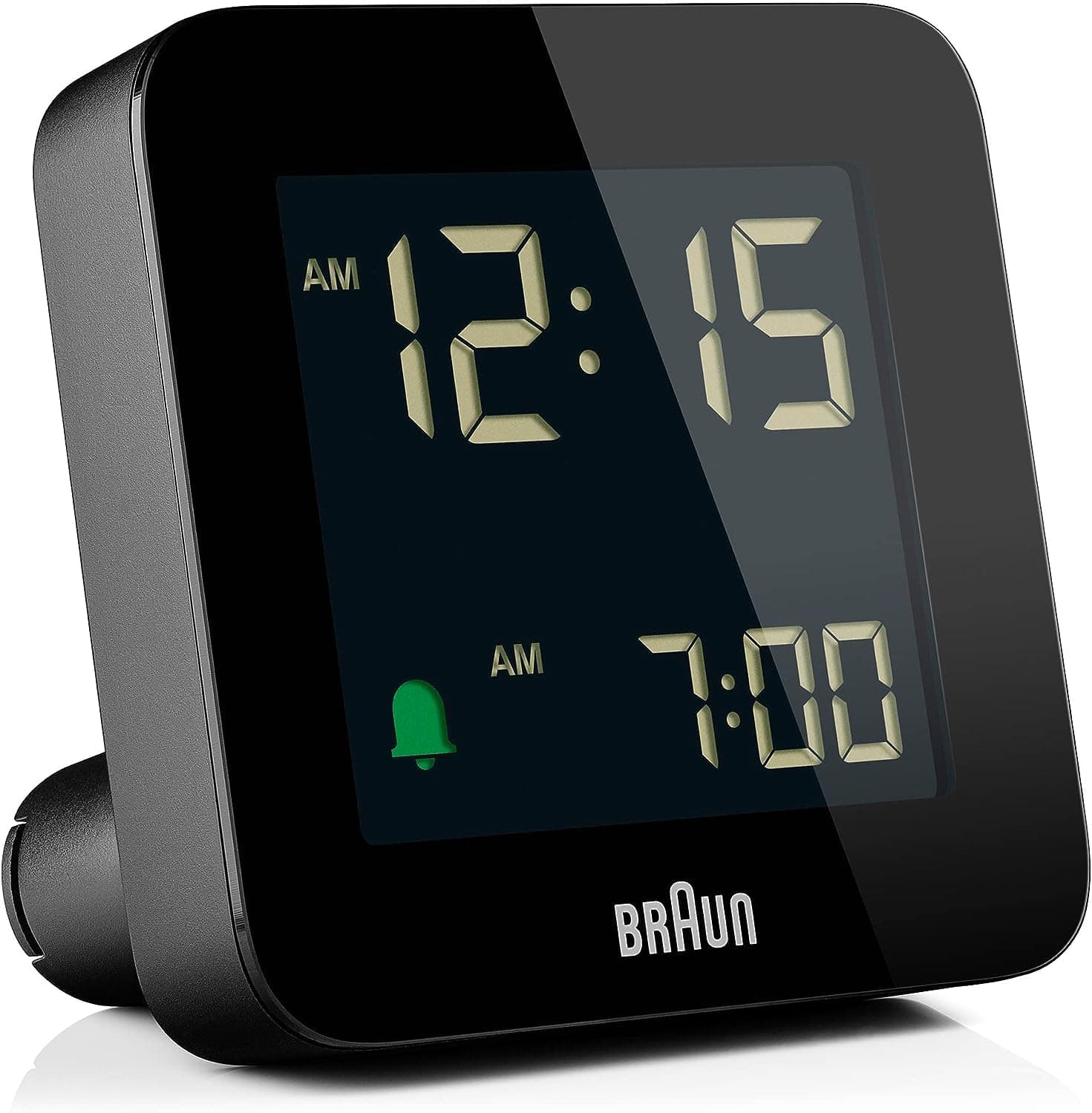 Braun Digital Alarm Clock with Snooze, Negative LCD Display, Quick Set, Crescendo Beep Alarm in Black, model BC09B.